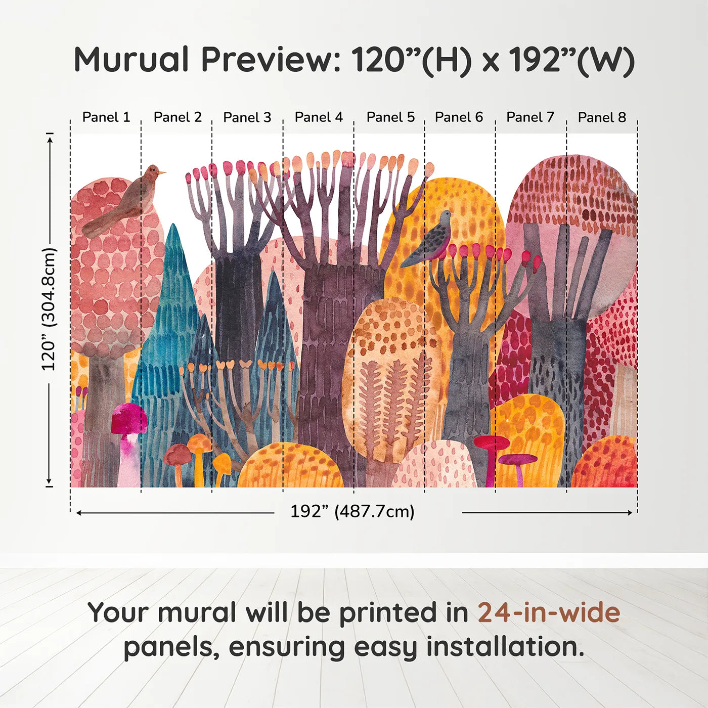 Whimsy Tots Abstract Autumn Woods Wall Muraldimension view (120" H x 192" W). Printed in eight 24-inch-wide panels. Gender-Neutral