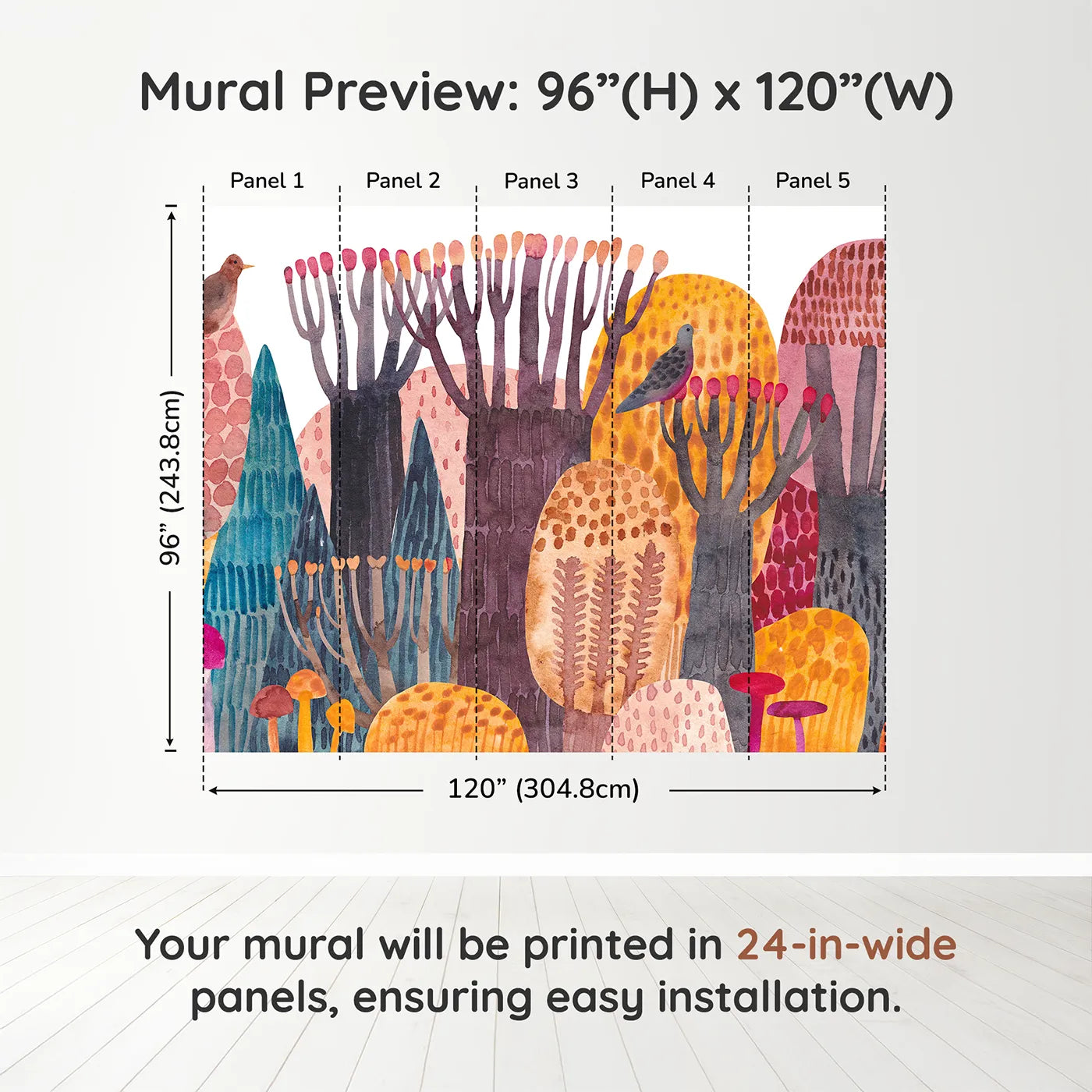 Whimsy Tots Abstract Autumn Woods Wall Muraldimension view (96" H x 120" W). Printed in five 24-inch-wide panels. Gender-Neutral