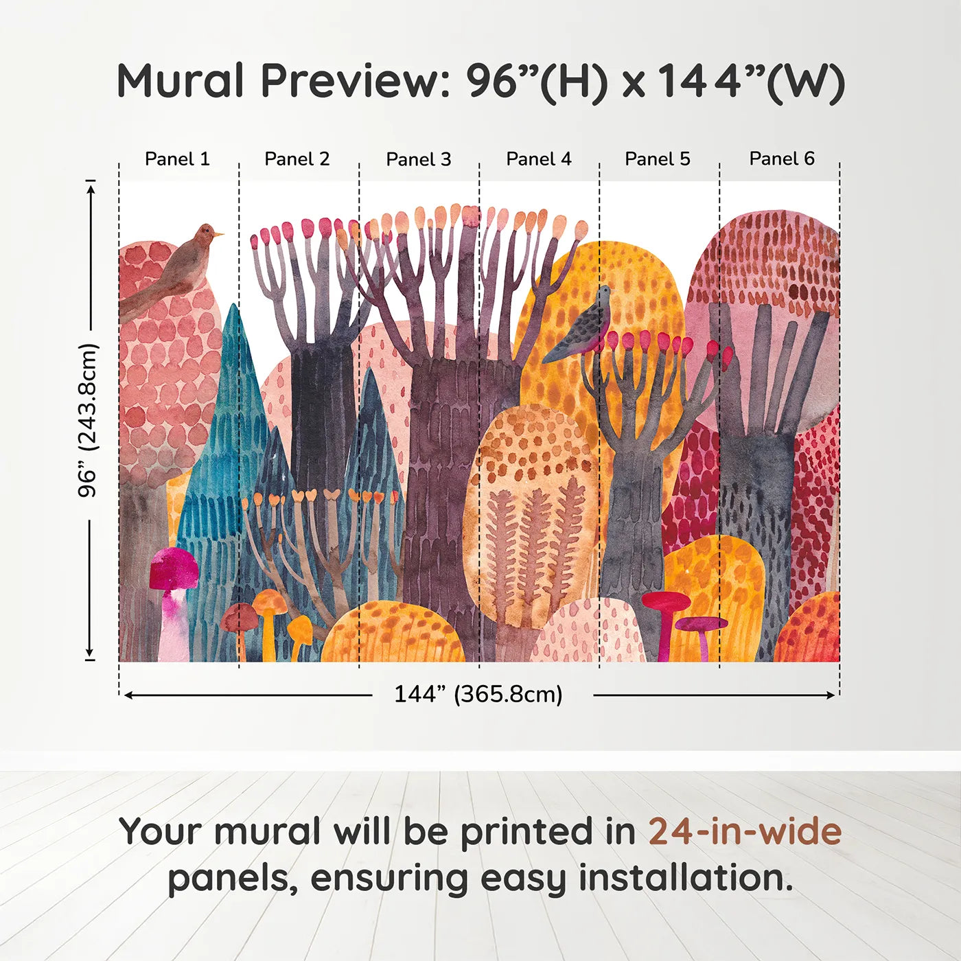 Whimsy Tots Abstract Autumn Woods Wall Muraldimension view (96" H x 144" W). Printed in six 24-inch-wide panels. Gender-Neutral
