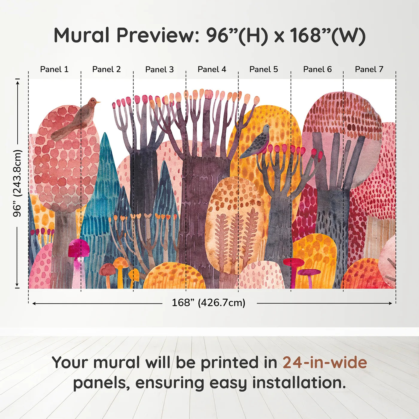 Whimsy Tots Abstract Autumn Woods Wall Muraldimension view (96" H x 168" W). Printed in seven 24-inch-wide panels. Gender-Neutral