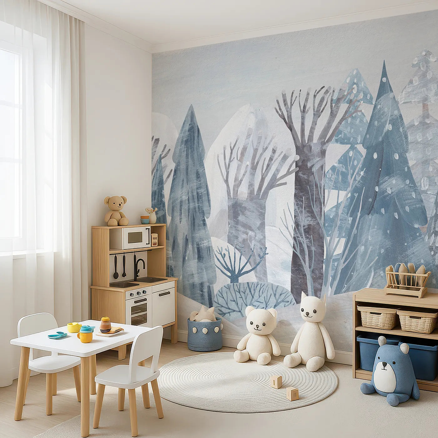 Angled view of Whimsy Tots' Painted Winter Forest Wall Mural (Turn Their Room into a Snowy, Hand-Painted Wonderland).Gender-Neutral