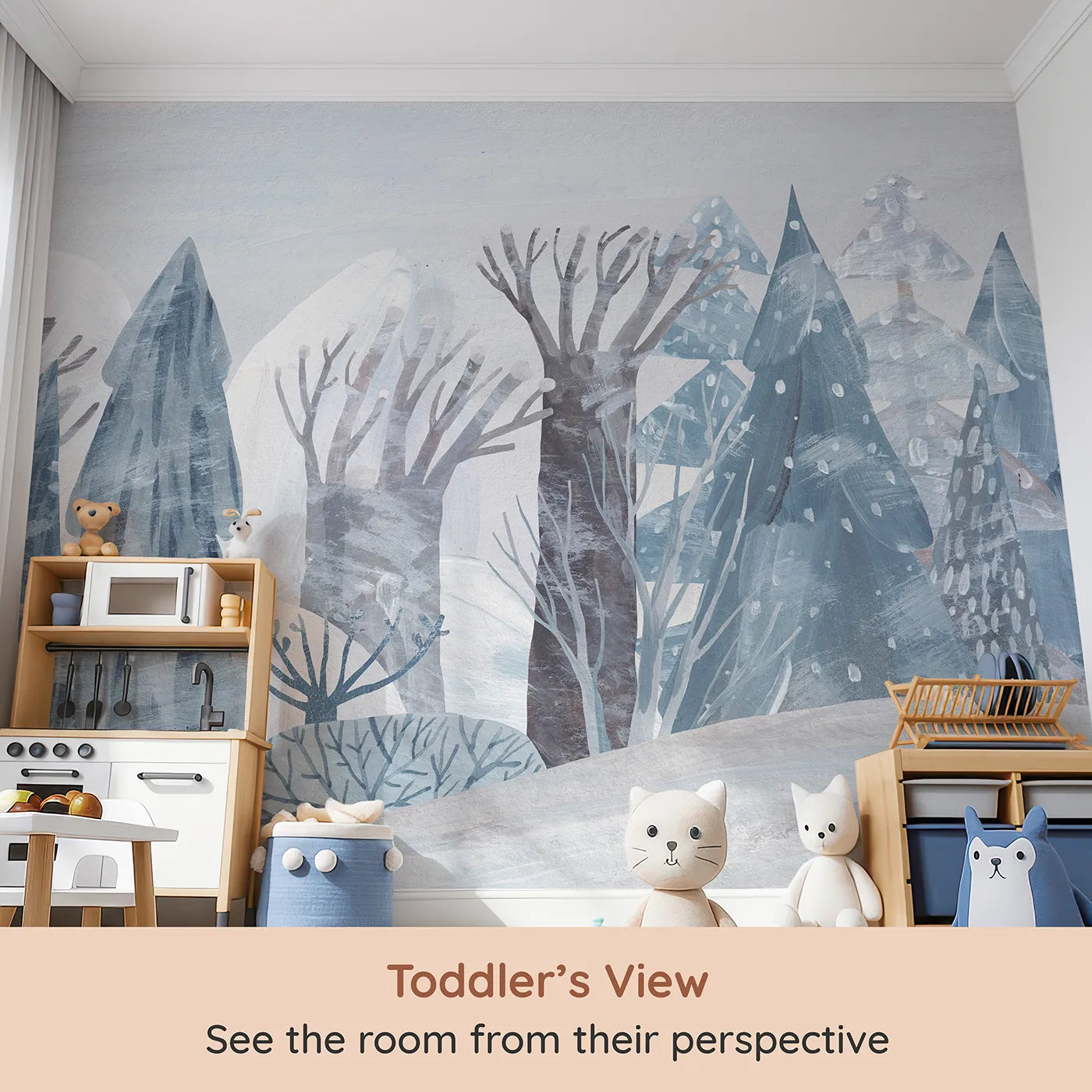 Whimsy Tots Painted Winter Forest Wall Mural (Turn Their Room into a Snowy, Hand-Painted Wonderland) from your child's view.Gender-Neutral