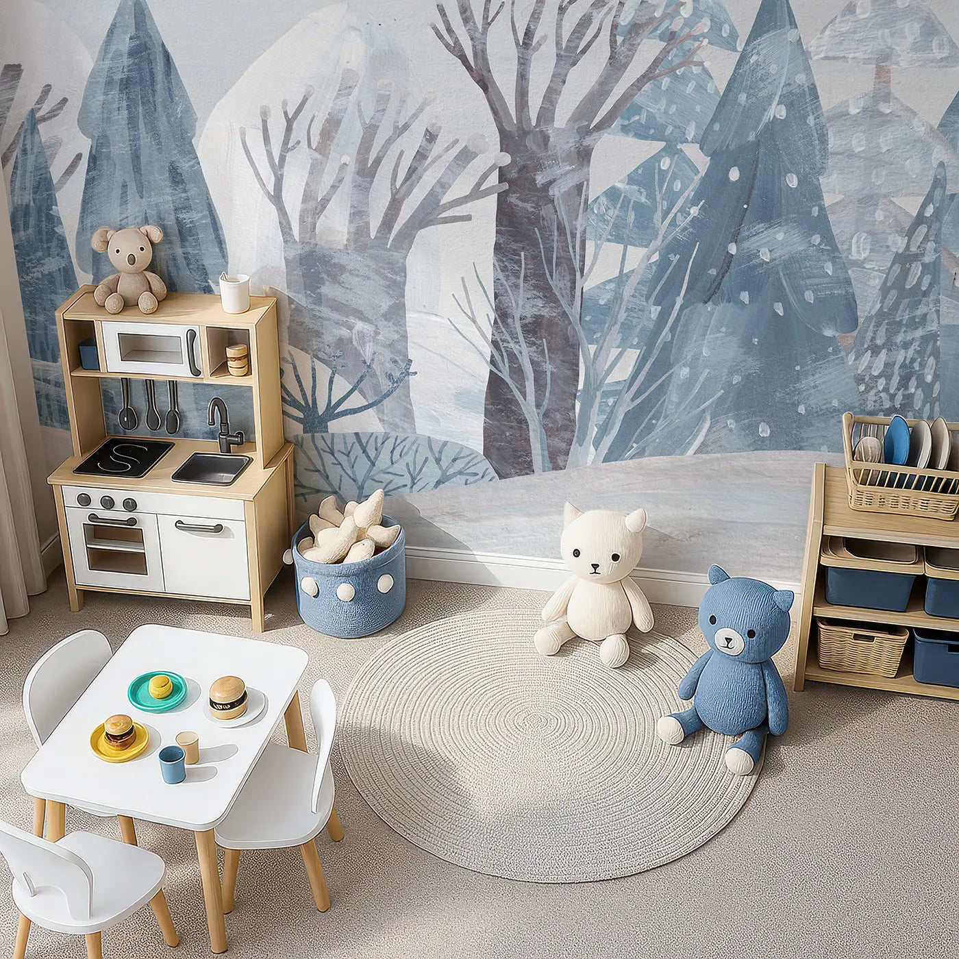 Top-down view of Whimsy Tots' Painted Winter Forest Wall Mural (Turn Their Room into a Snowy, Hand-Painted Wonderland).Gender-Neutral