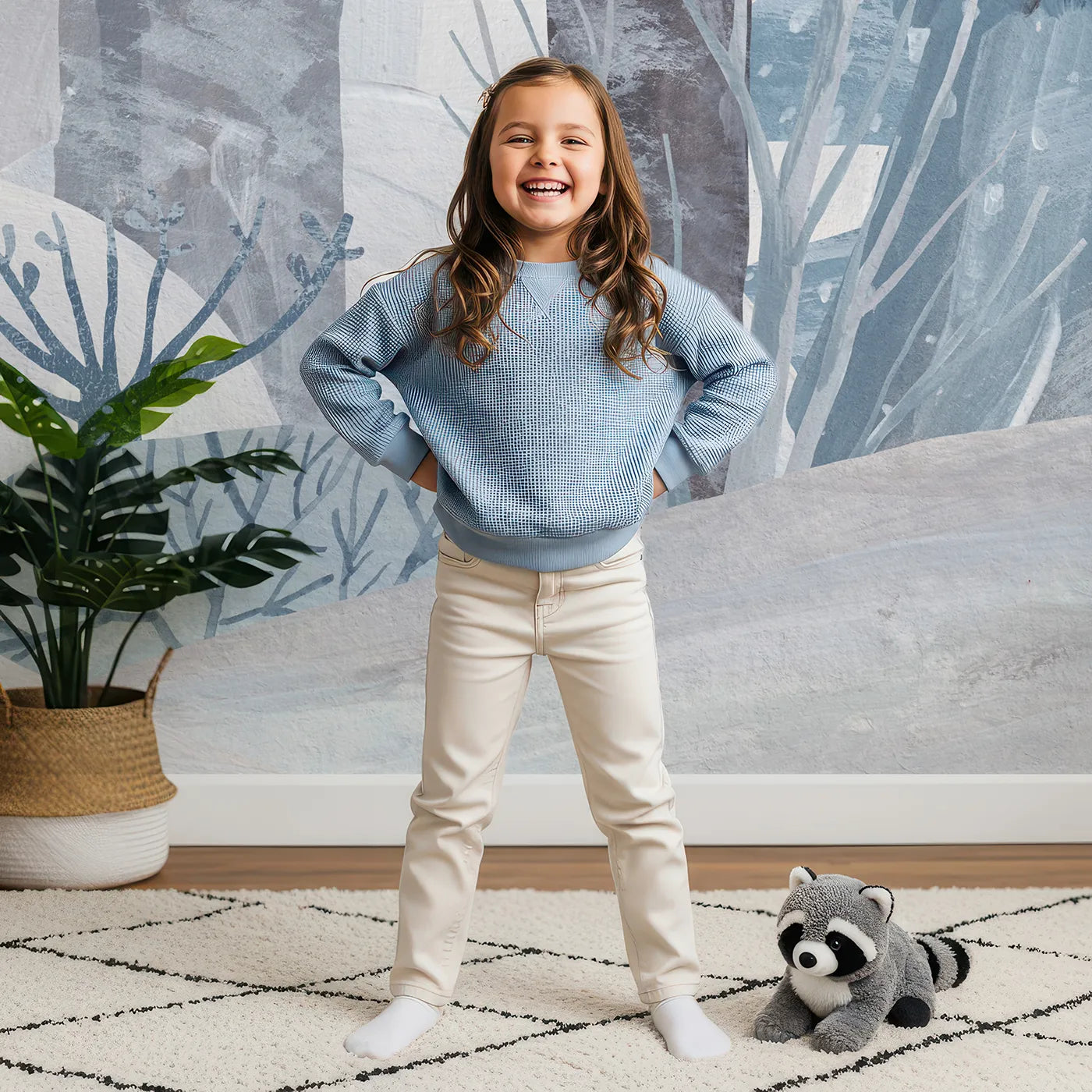 Child in front of Whimsy Tots Painted Winter Forest Wall Mural with winter, forest, snow, tree, painted, artistic, blue, gray in design.