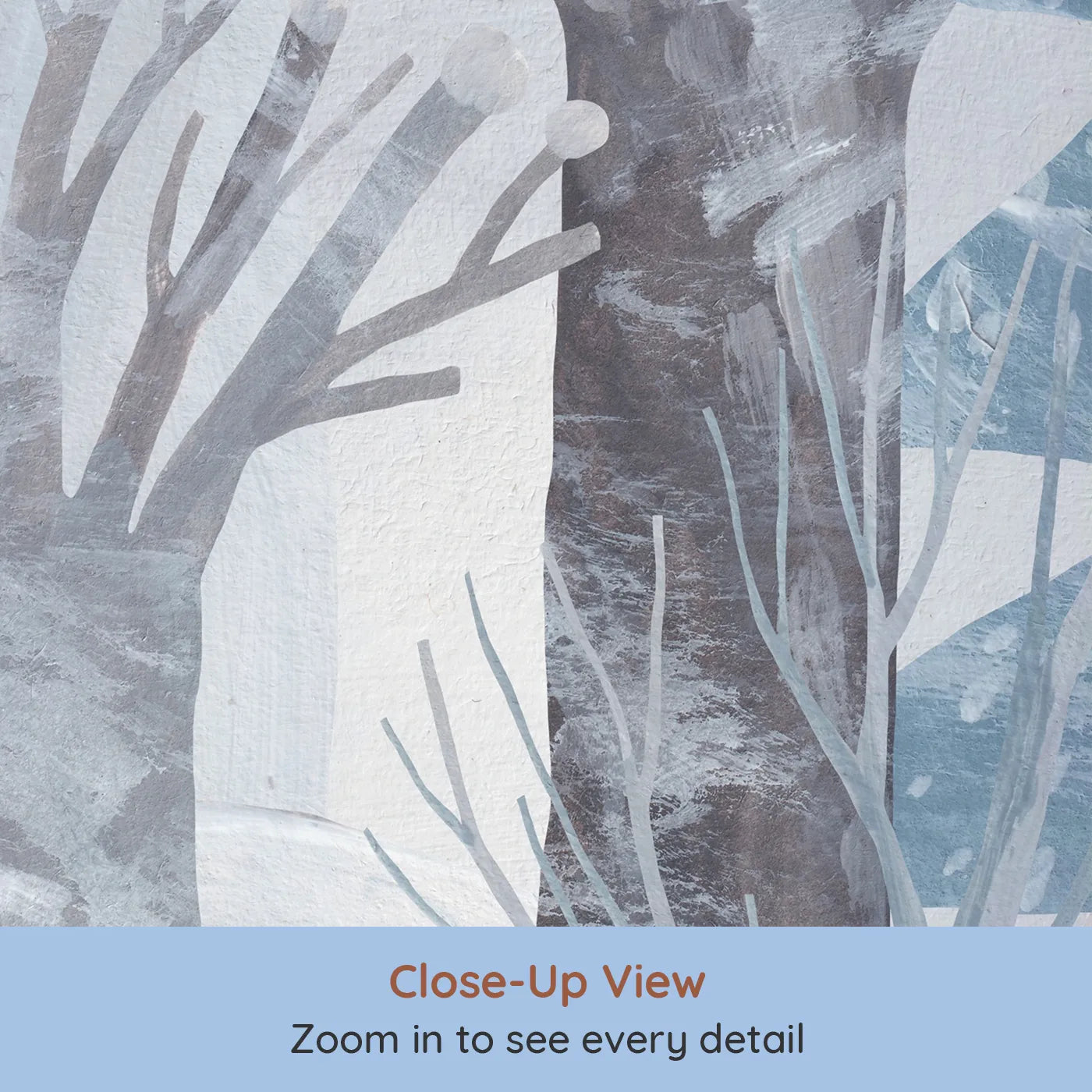 Close-up view of Whimsy Tots' Painted Winter Forest Wall Mural (Turn Their Room into a Snowy, Hand-Painted Wonderland).Gender-Neutral