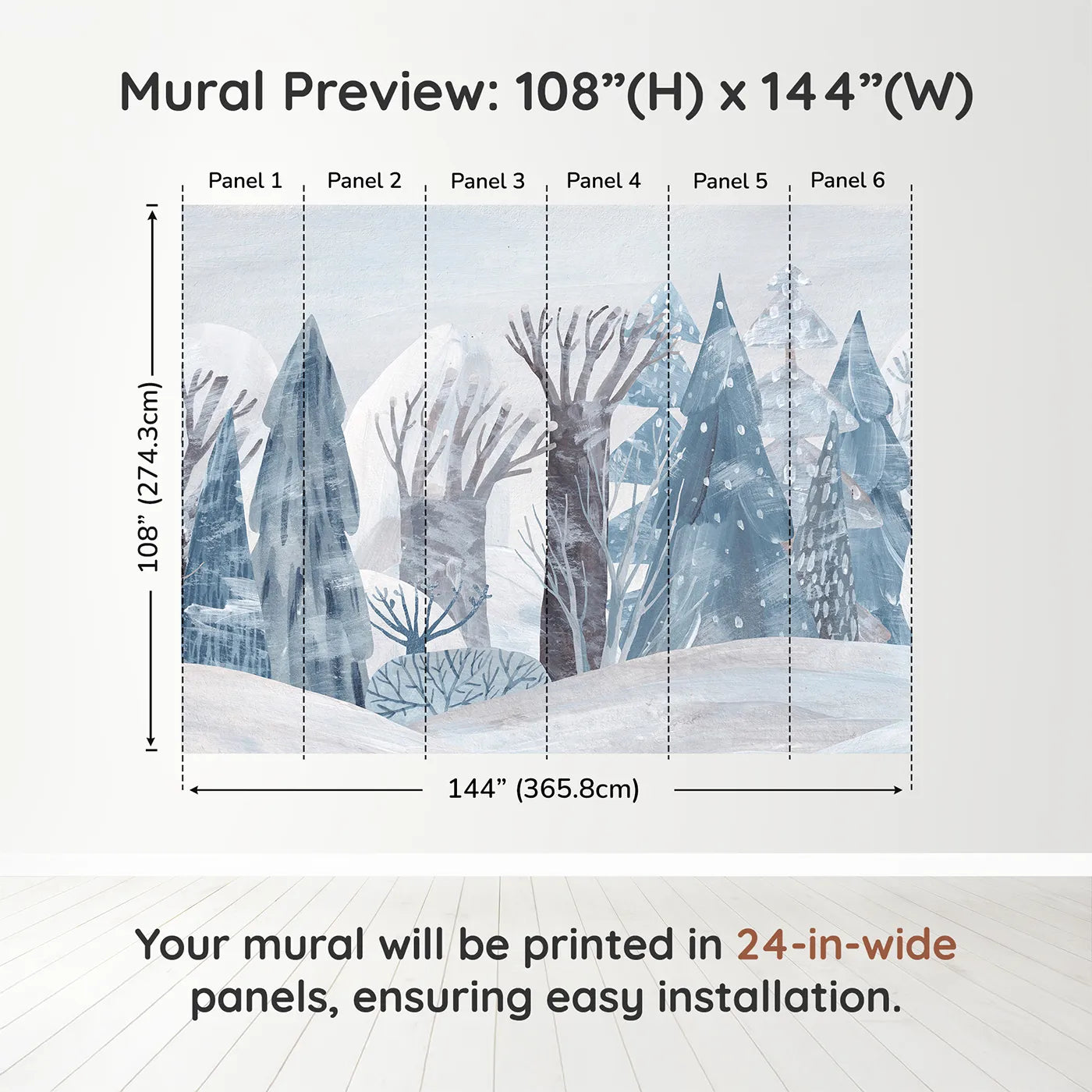 Whimsy Tots Painted Winter Forest Wall Muraldimension view (108" H x 144" W). Printed in six 24-inch-wide panels. Gender-Neutral