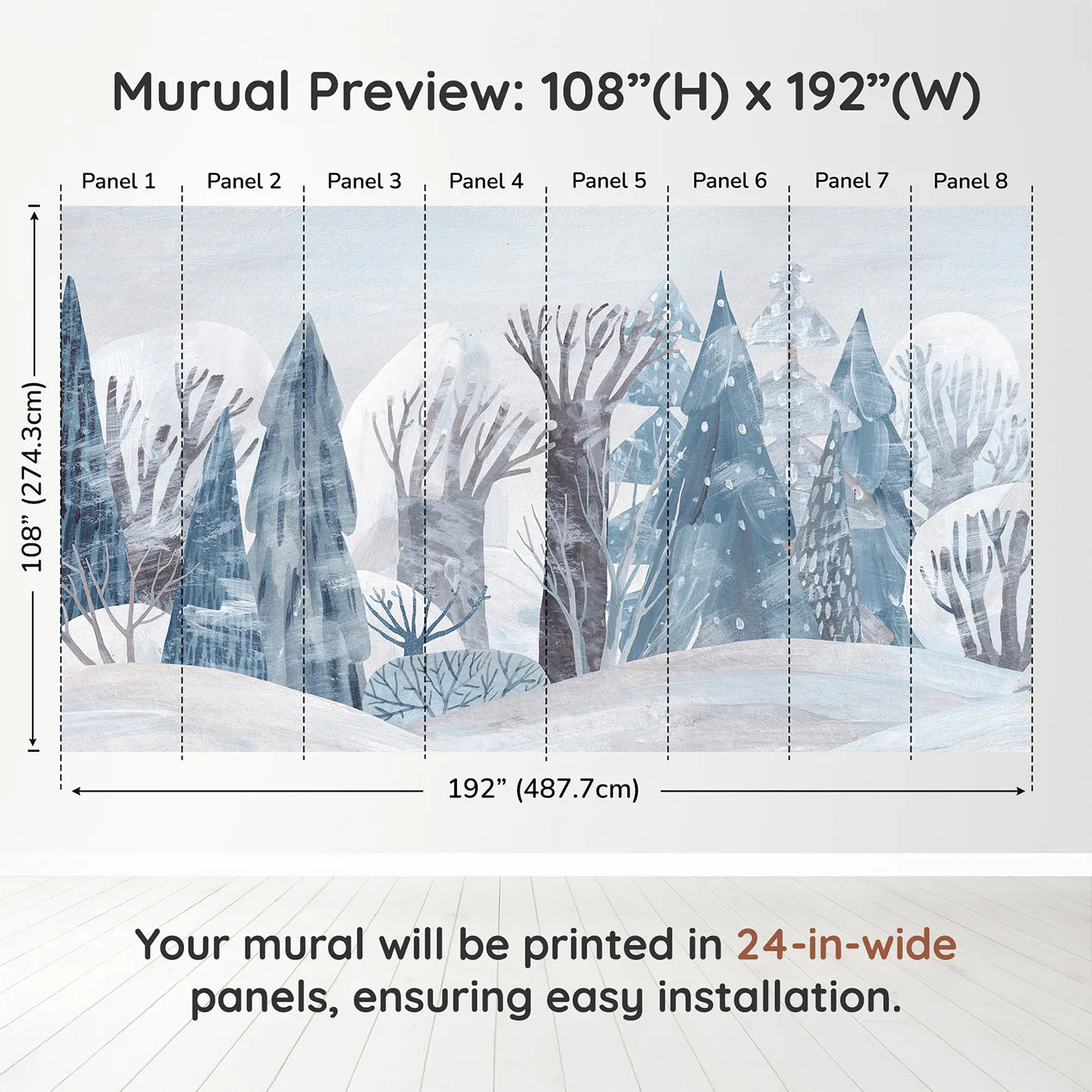 Whimsy Tots Painted Winter Forest Wall Muraldimension view (108" H x 192" W). Printed in eight 24-inch-wide panels. Gender-Neutral