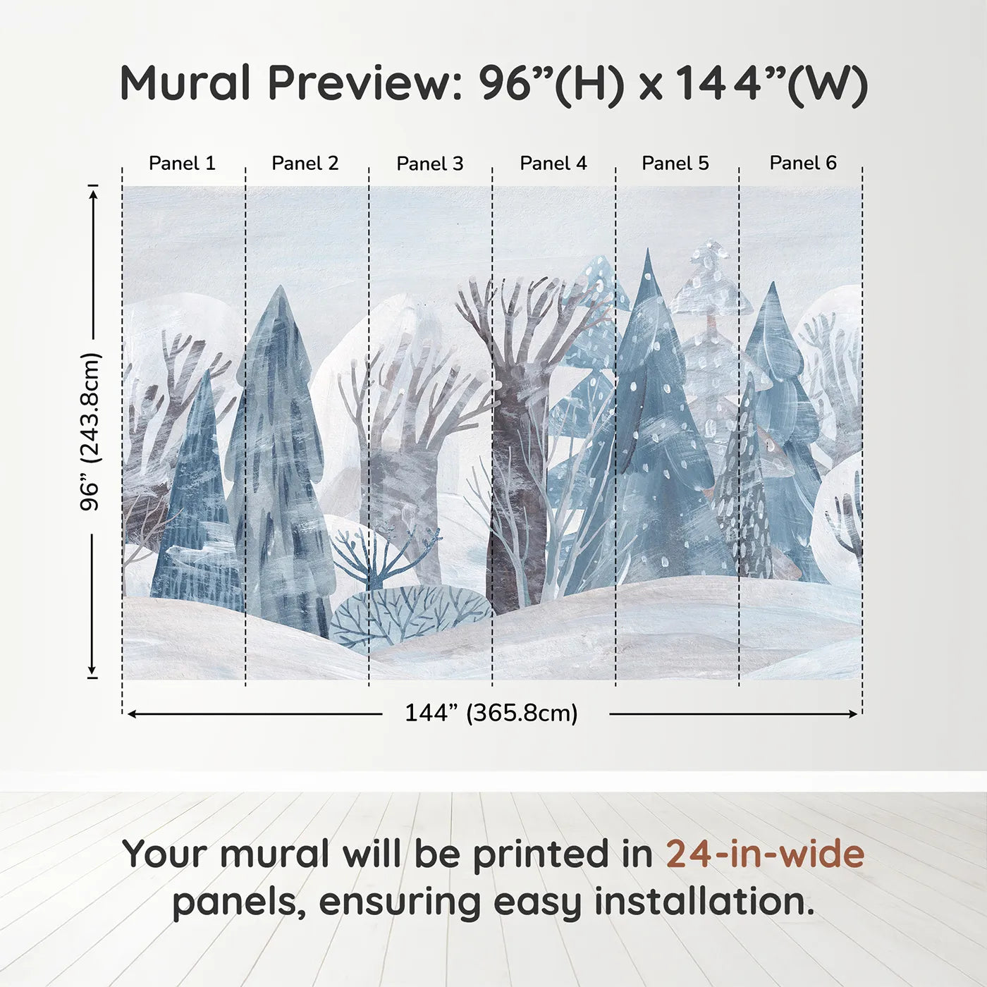 Whimsy Tots Painted Winter Forest Wall Muraldimension view (96" H x 144" W). Printed in six 24-inch-wide panels. Gender-Neutral