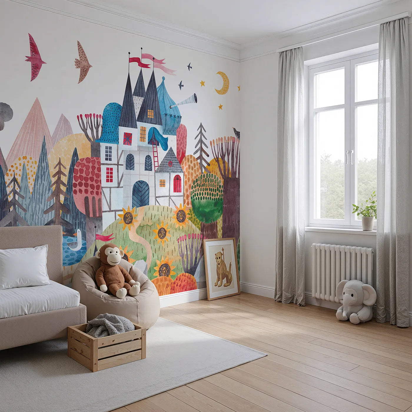 Angled view of Whimsy Tots' Sunflower Castle Wall Mural (Turn Their Room into a Whimsical, Mountaintop Kingdom).Gender-Neutral