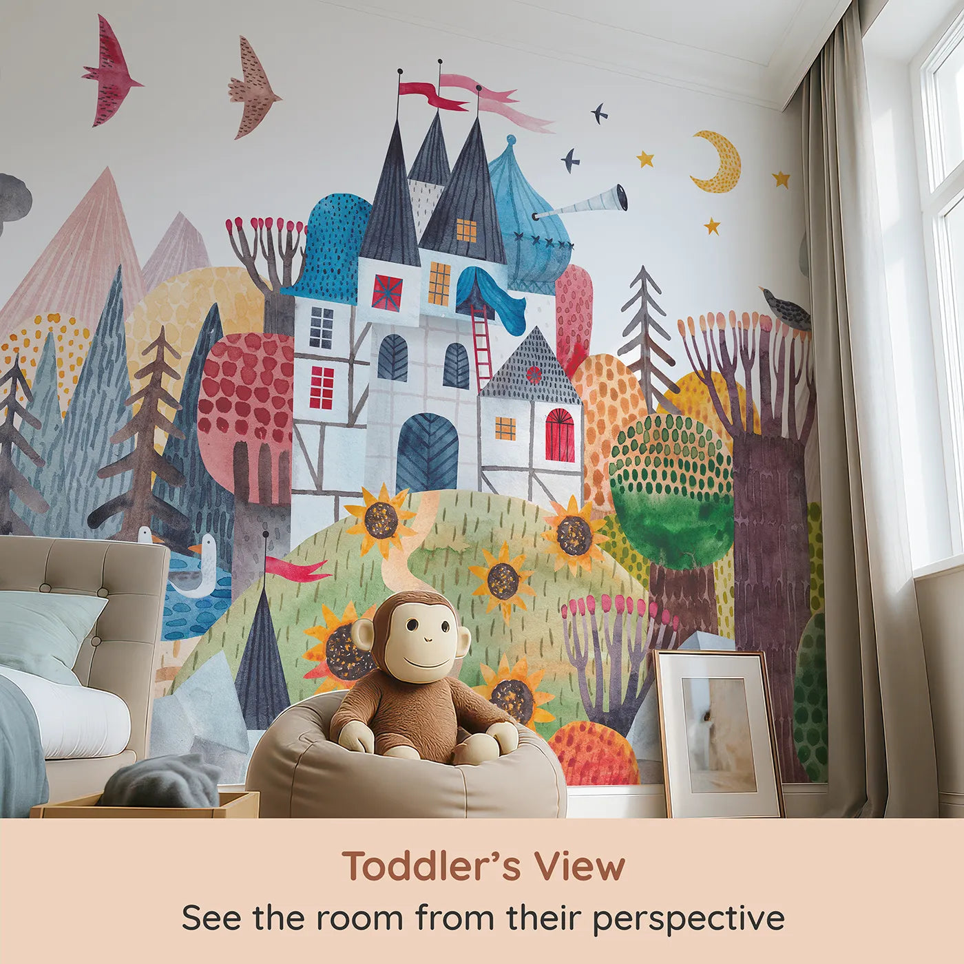Whimsy Tots Sunflower Castle Wall Mural (Turn Their Room into a Whimsical, Mountaintop Kingdom) from your child's view.Gender-Neutral