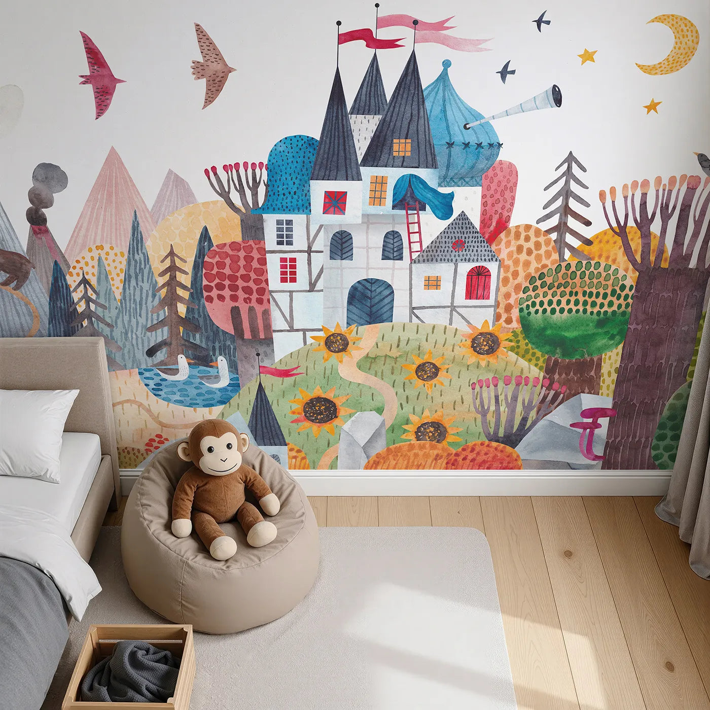Top-down view of Whimsy Tots' Sunflower Castle Wall Mural (Turn Their Room into a Whimsical, Mountaintop Kingdom).Gender-Neutral