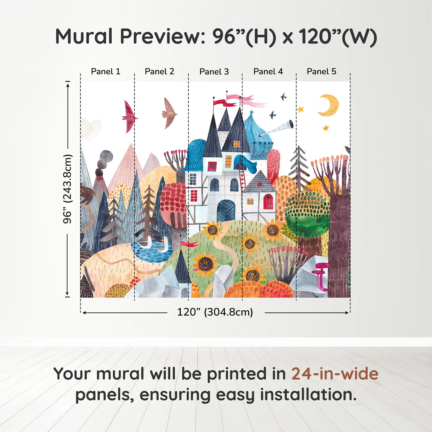 Whimsy Tots Sunflower Castle Wall Muraldimension view (96" H x 120" W). Printed in five 24-inch-wide panels. Gender-Neutral