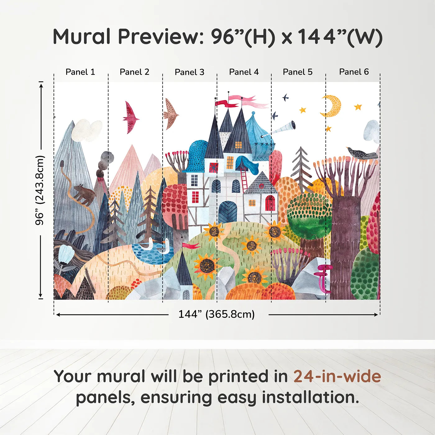 Whimsy Tots Sunflower Castle Wall Muraldimension view (96" H x 144" W). Printed in six 24-inch-wide panels. Gender-Neutral