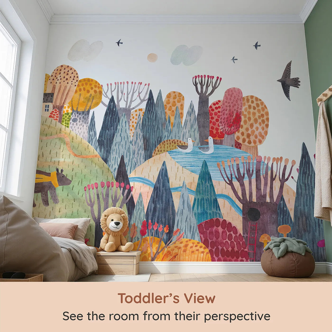 Whimsy Tots Autumn Hills Adventure Wall Mural (Turn Their Room into a Cozy, Colorful Autumn Day) from your child's view.Gender-Neutral