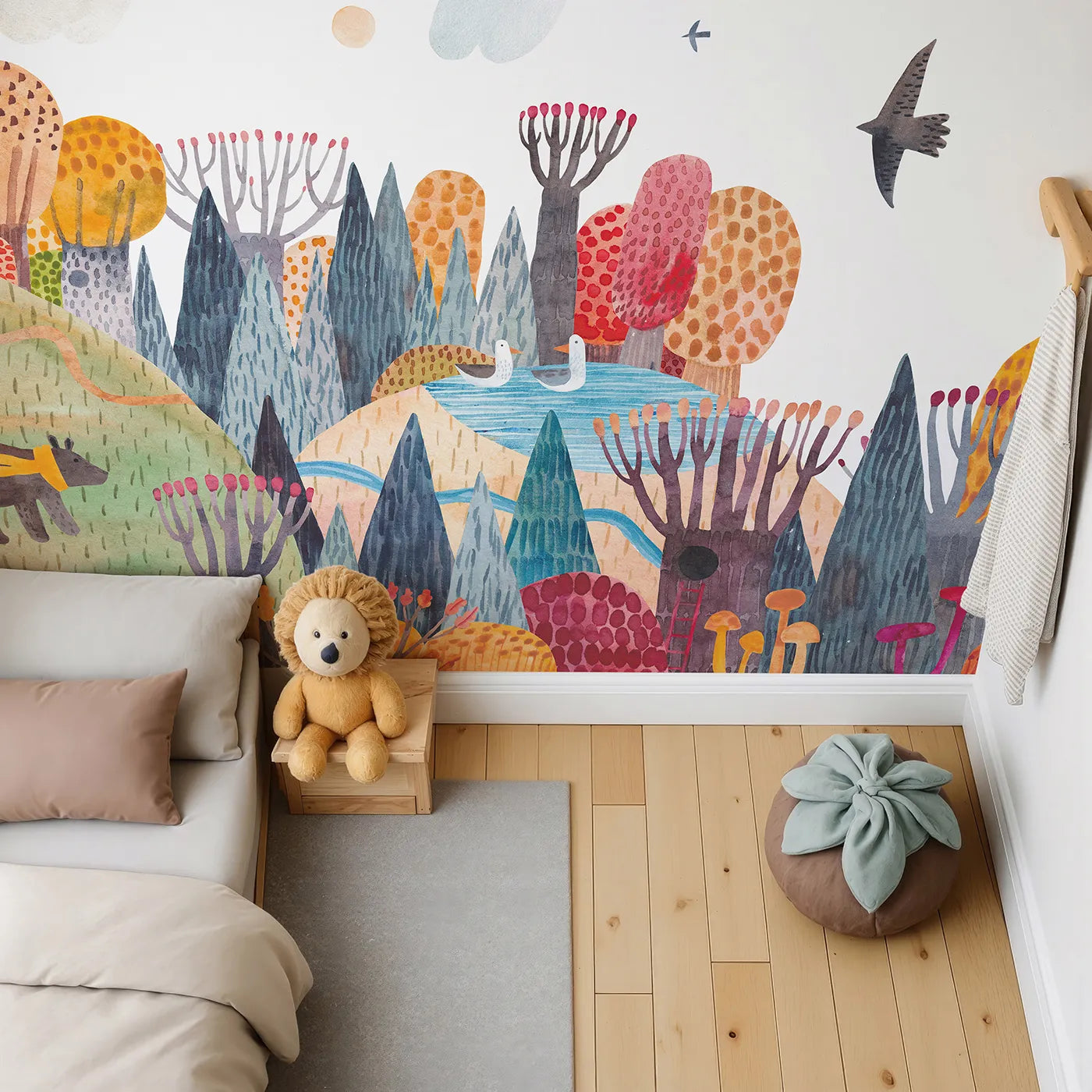 Top-down view of Whimsy Tots' Autumn Hills Adventure Wall Mural (Turn Their Room into a Cozy, Colorful Autumn Day).Gender-Neutral