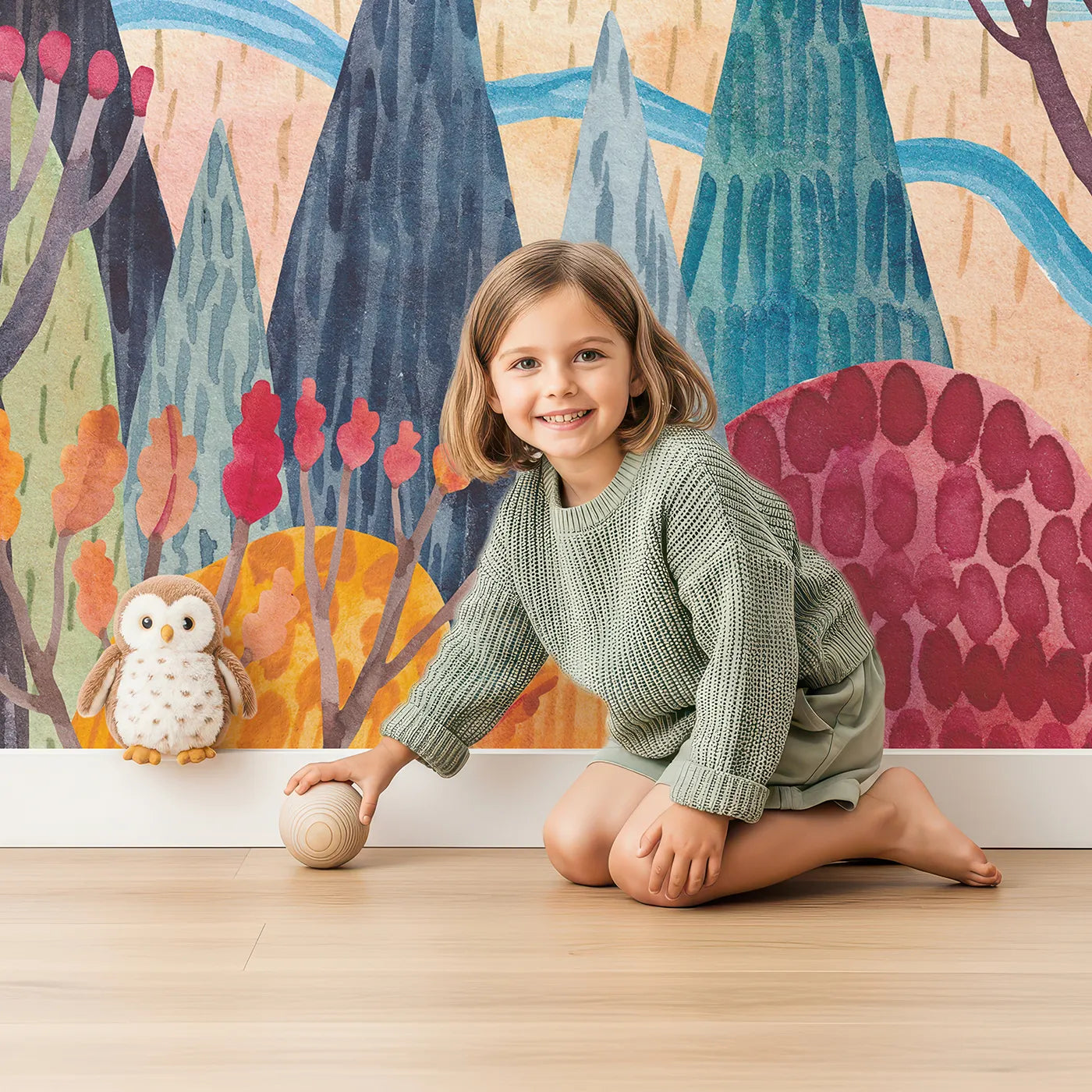 Child in front of Whimsy Tots Autumn Hills Adventure Wall Mural with autumn, bear, landscape, hill, tree, watercolor, fall, whimsical in design.