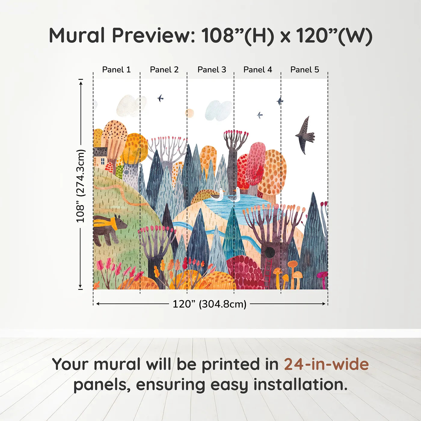 Whimsy Tots Autumn Hills Adventure Wall Muraldimension view (108" H x 120" W). Printed in five 24-inch-wide panels. Gender-Neutral