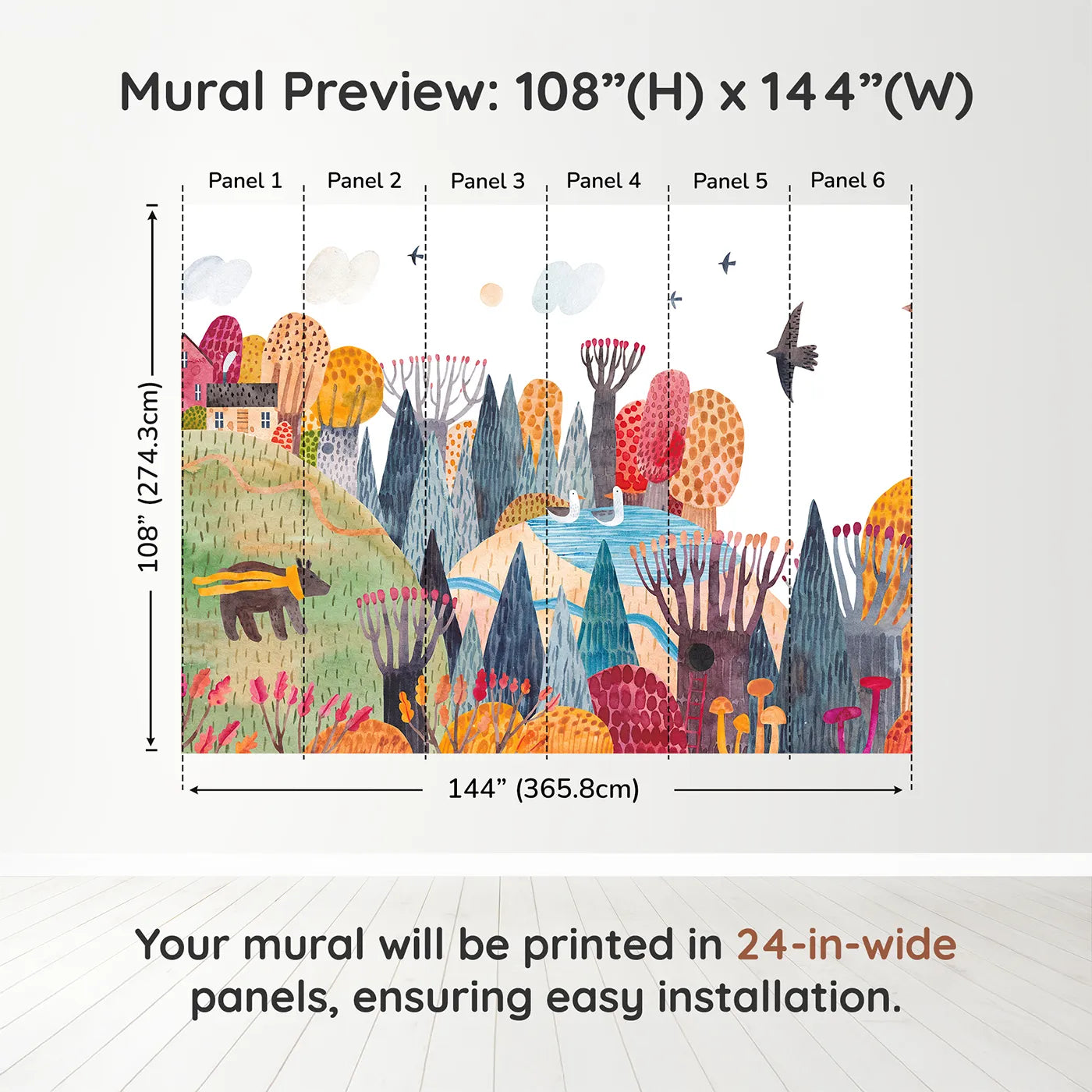 Whimsy Tots Autumn Hills Adventure Wall Muraldimension view (108" H x 144" W). Printed in six 24-inch-wide panels. Gender-Neutral