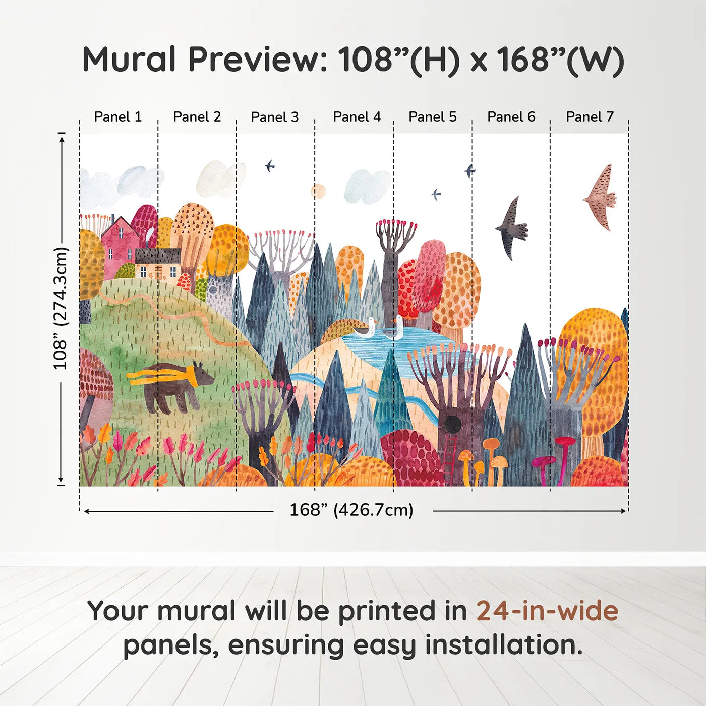 Whimsy Tots Autumn Hills Adventure Wall Muraldimension view (108" H x 168" W). Printed in seven 24-inch-wide panels. Gender-Neutral