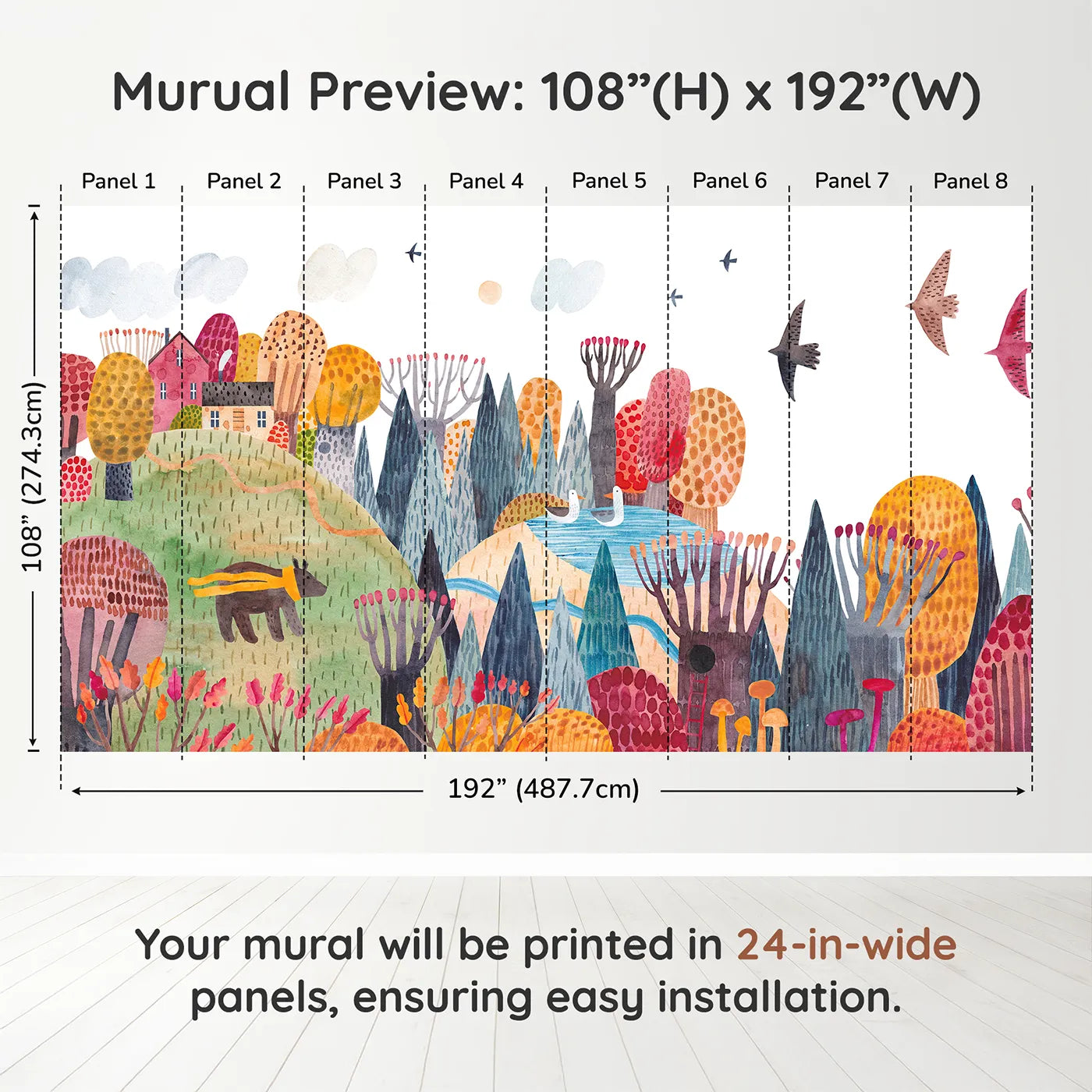 Whimsy Tots Autumn Hills Adventure Wall Muraldimension view (108" H x 192" W). Printed in eight 24-inch-wide panels. Gender-Neutral