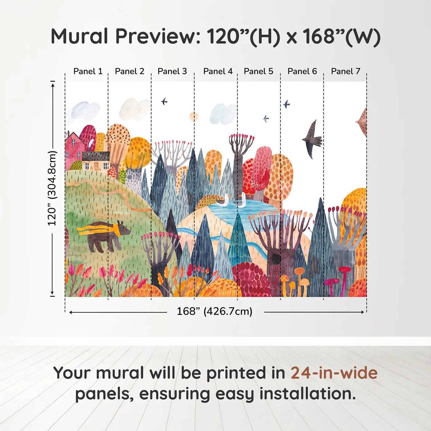 Whimsy Tots Autumn Hills Adventure Wall Muraldimension view (120" H x 168" W). Printed in seven 24-inch-wide panels. Gender-Neutral