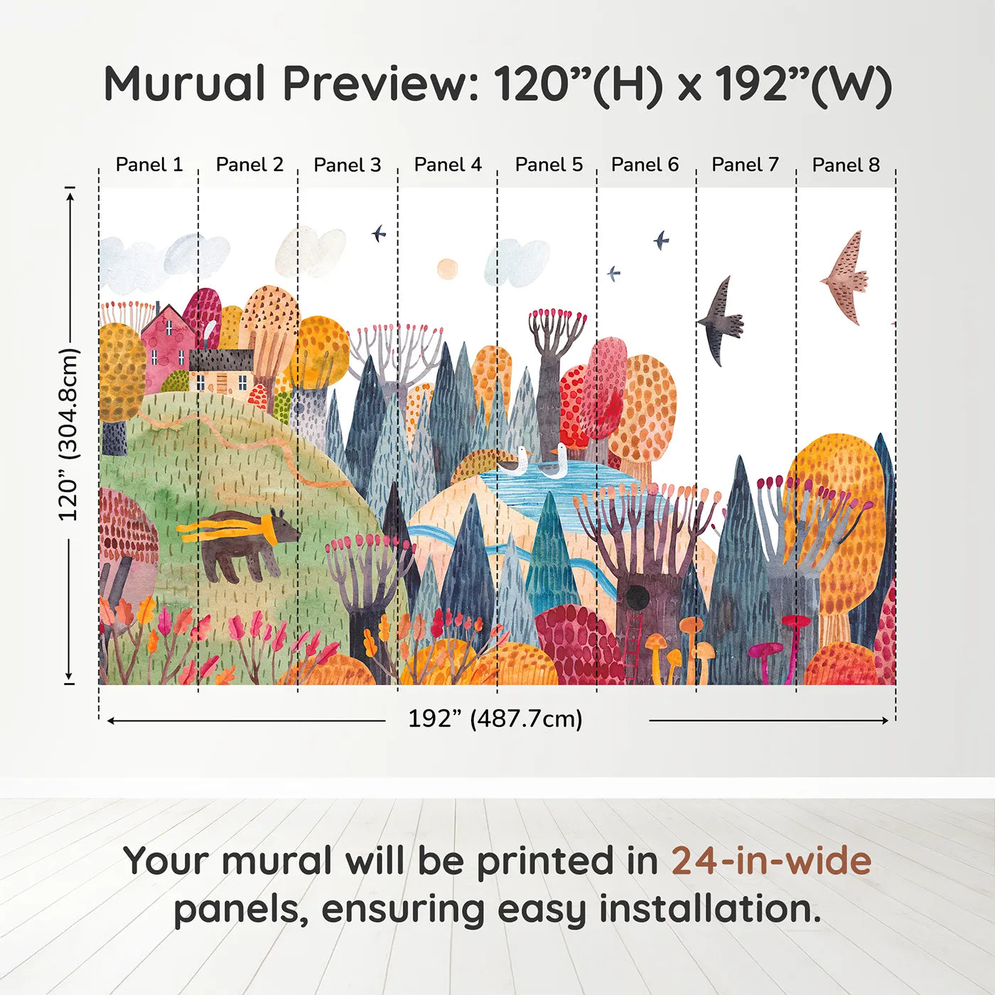 Whimsy Tots Autumn Hills Adventure Wall Muraldimension view (120" H x 192" W). Printed in eight 24-inch-wide panels. Gender-Neutral