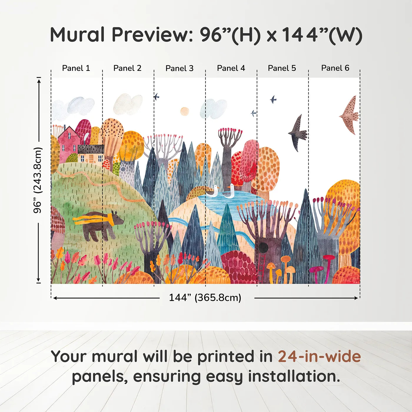 Whimsy Tots Autumn Hills Adventure Wall Muraldimension view (96" H x 144" W). Printed in six 24-inch-wide panels. Gender-Neutral