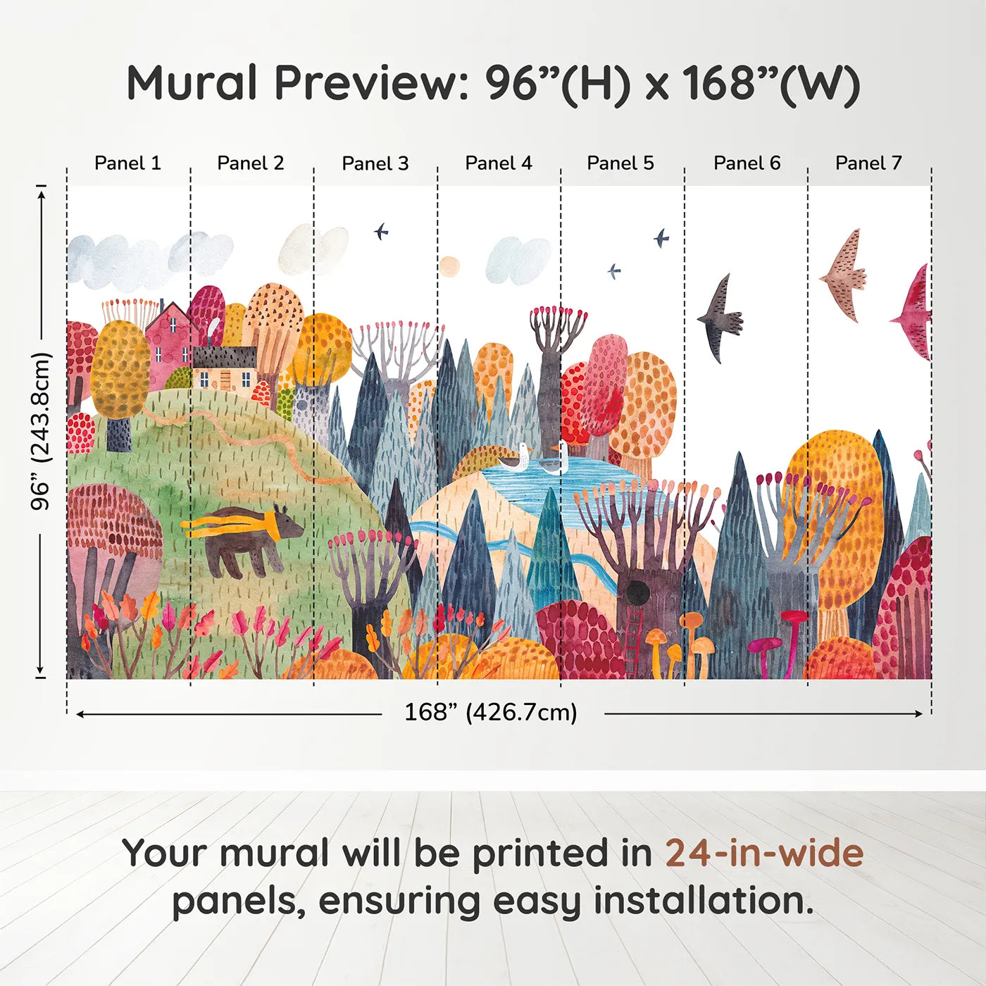 Whimsy Tots Autumn Hills Adventure Wall Muraldimension view (96" H x 168" W). Printed in seven 24-inch-wide panels. Gender-Neutral