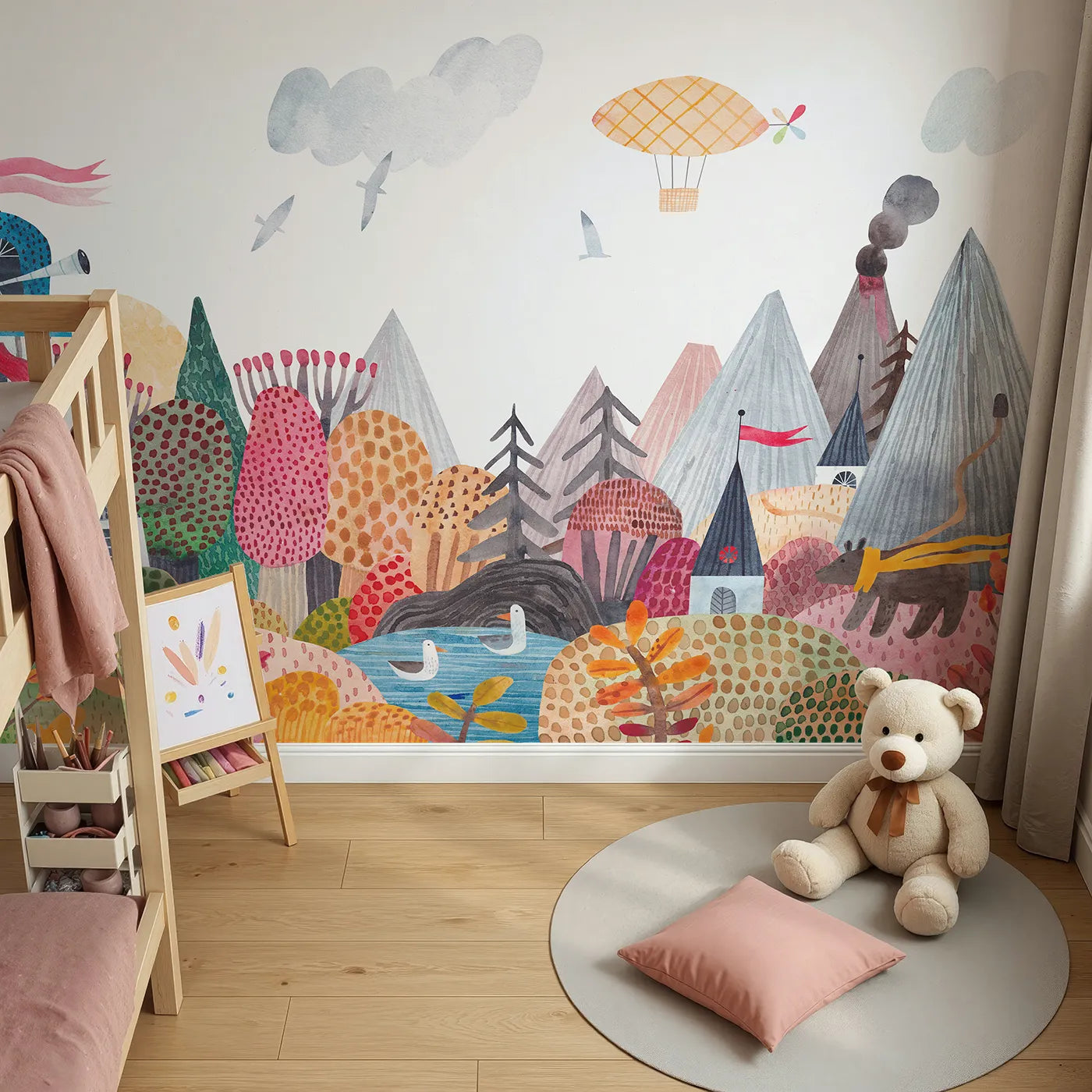Top-down view of Whimsy Tots' Whimsical Mountain Lookout Wall Mural (Turn Their Room into a Grand and Colorful Adventure).Gender-Neutral