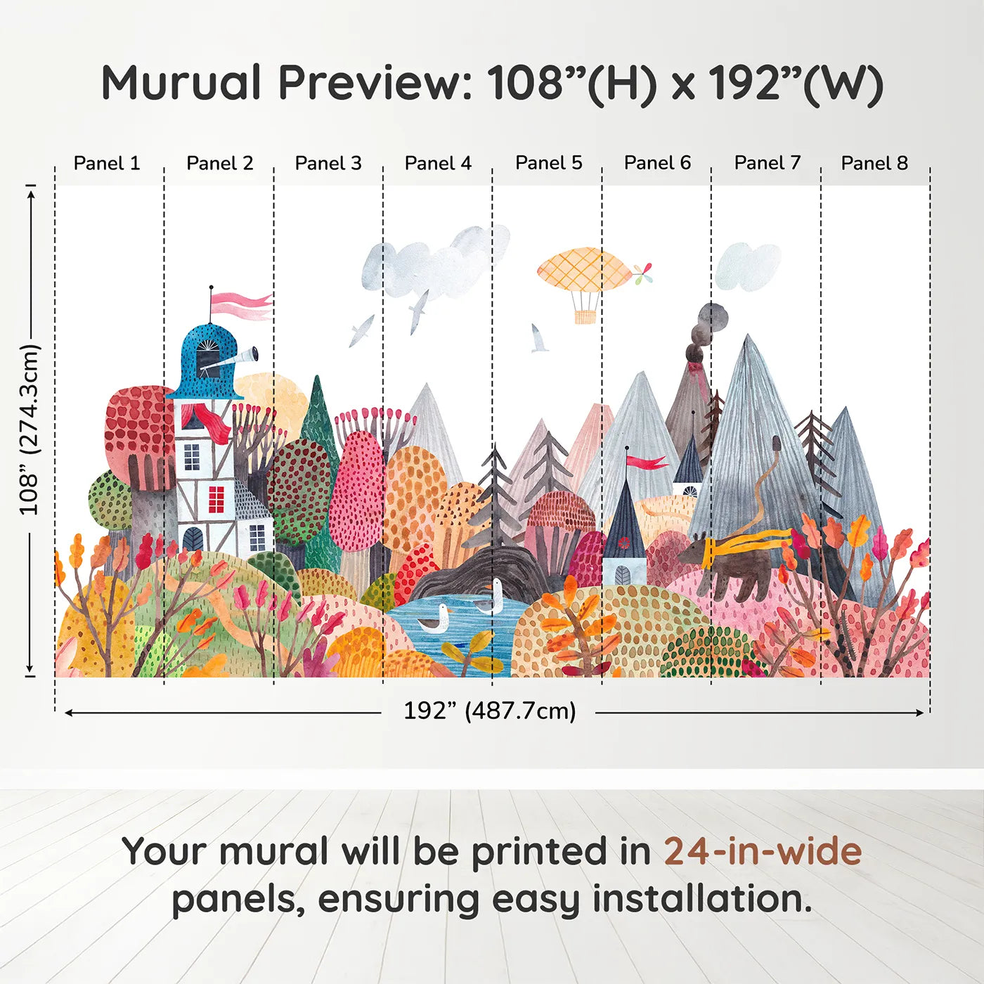 Whimsy Tots Whimsical Mountain Lookout Wall Muraldimension view (108" H x 192" W). Printed in eight 24-inch-wide panels. Gender-Neutral