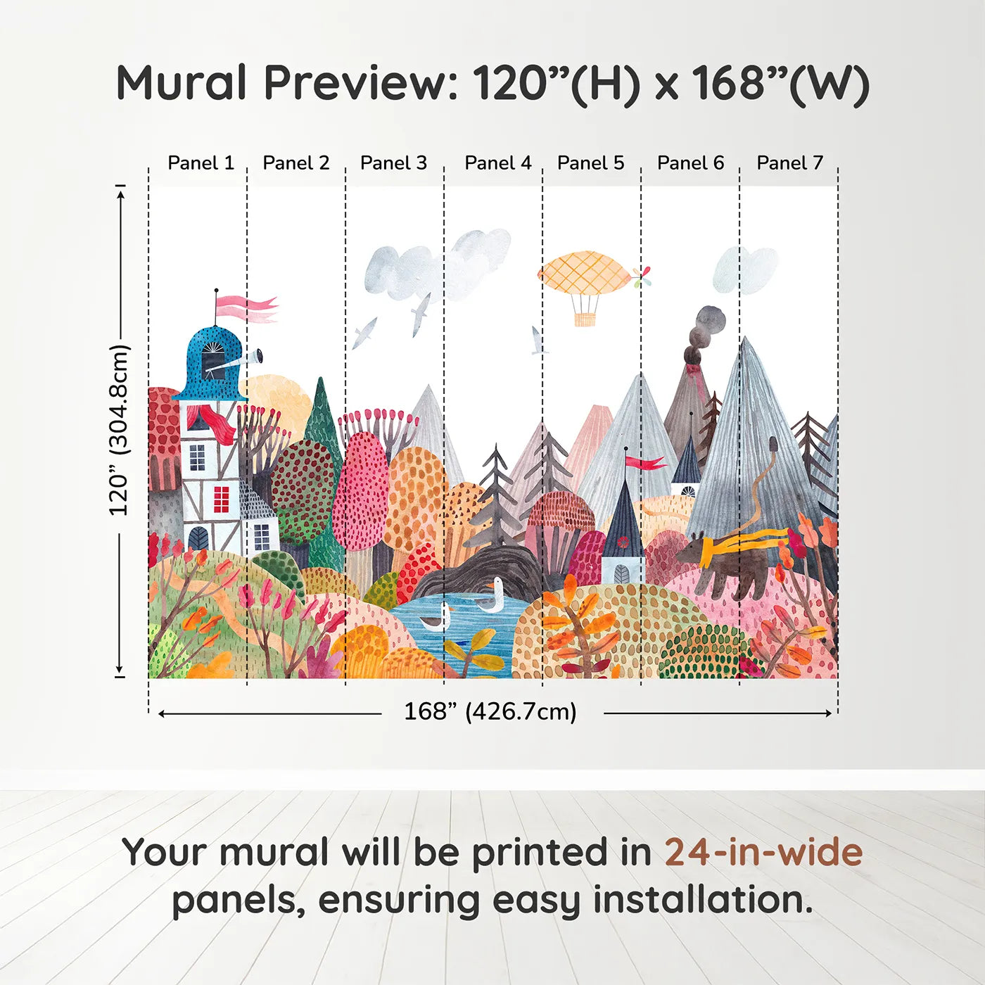 Whimsy Tots Whimsical Mountain Lookout Wall Muraldimension view (120" H x 168" W). Printed in seven 24-inch-wide panels. Gender-Neutral