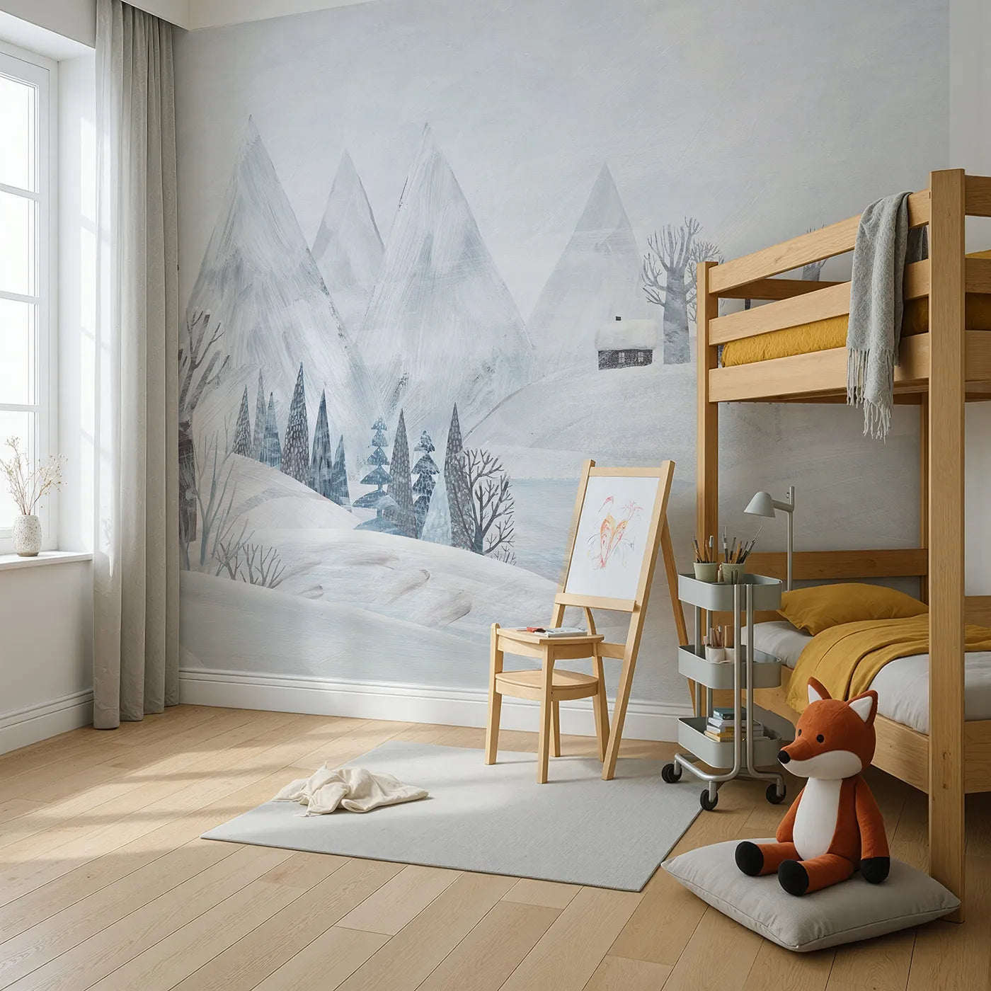 Angled view of Whimsy Tots' Painted Winter Village Wall Mural (Turn Their Room into a Quiet, Snowy Hamlet).Gender-Neutral