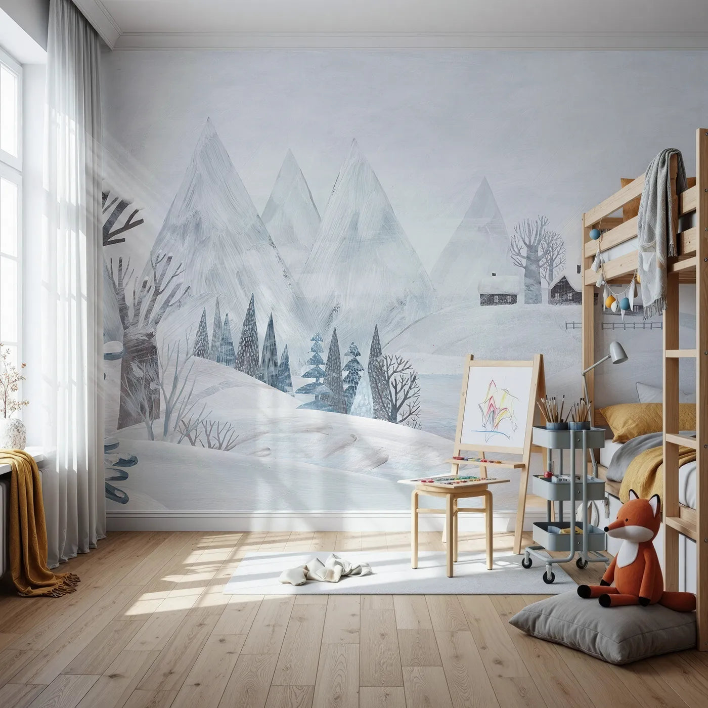 Front view of Whimsy Tots' Painted Winter Village Wall Mural
