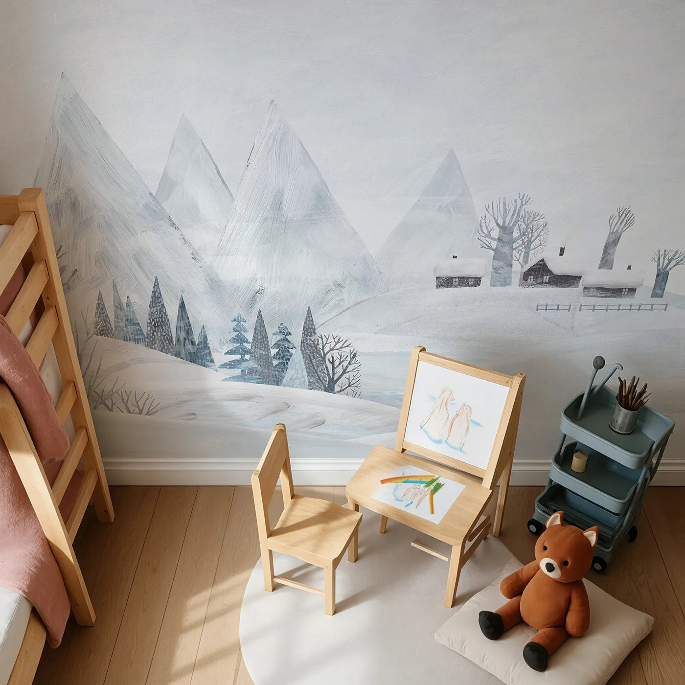 Top-down view of Whimsy Tots' Painted Winter Village Wall Mural (Turn Their Room into a Quiet, Snowy Hamlet).Gender-Neutral