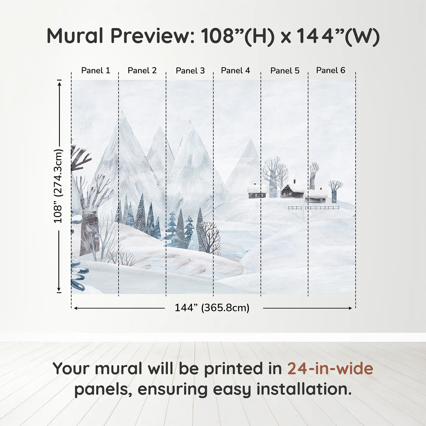 Whimsy Tots Painted Winter Village Wall Muraldimension view (108" H x 144" W). Printed in six 24-inch-wide panels. Gender-Neutral