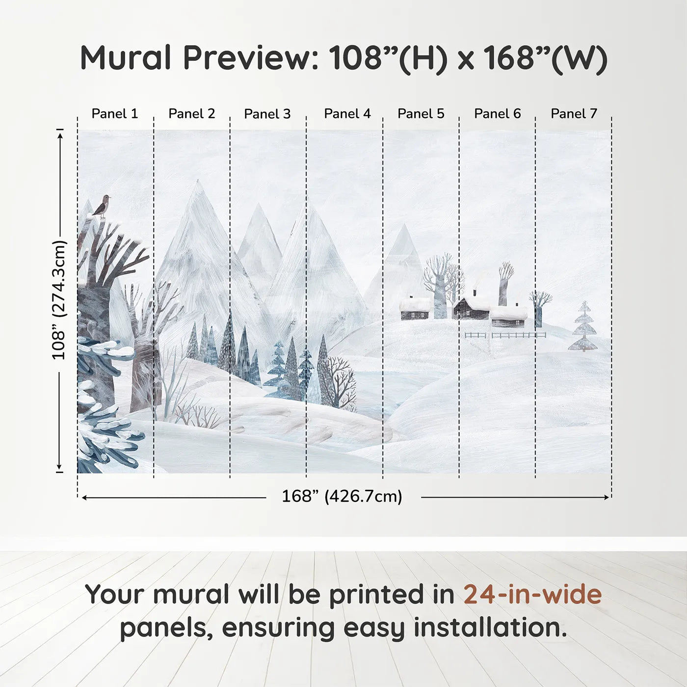 Whimsy Tots Painted Winter Village Wall Muraldimension view (108" H x 168" W). Printed in seven 24-inch-wide panels. Gender-Neutral