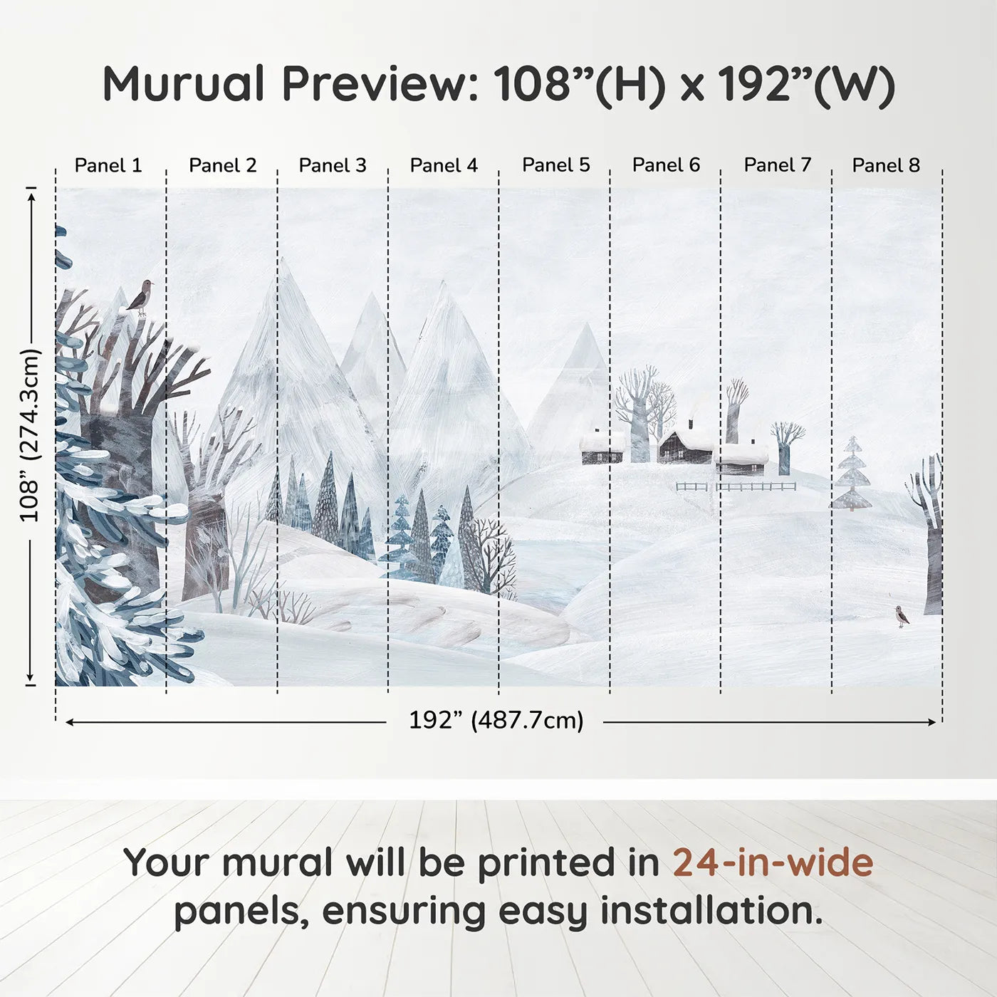 Whimsy Tots Painted Winter Village Wall Muraldimension view (108" H x 192" W). Printed in eight 24-inch-wide panels. Gender-Neutral