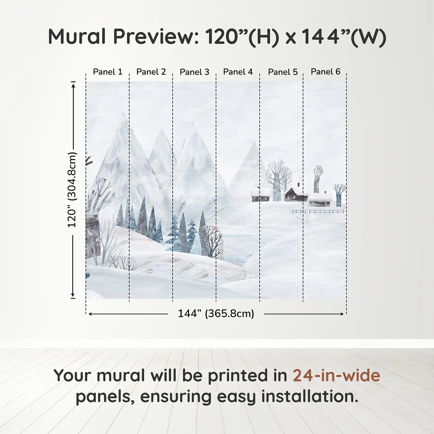 Whimsy Tots Painted Winter Village Wall Muraldimension view (120" H x 144" W). Printed in six 24-inch-wide panels. Gender-Neutral