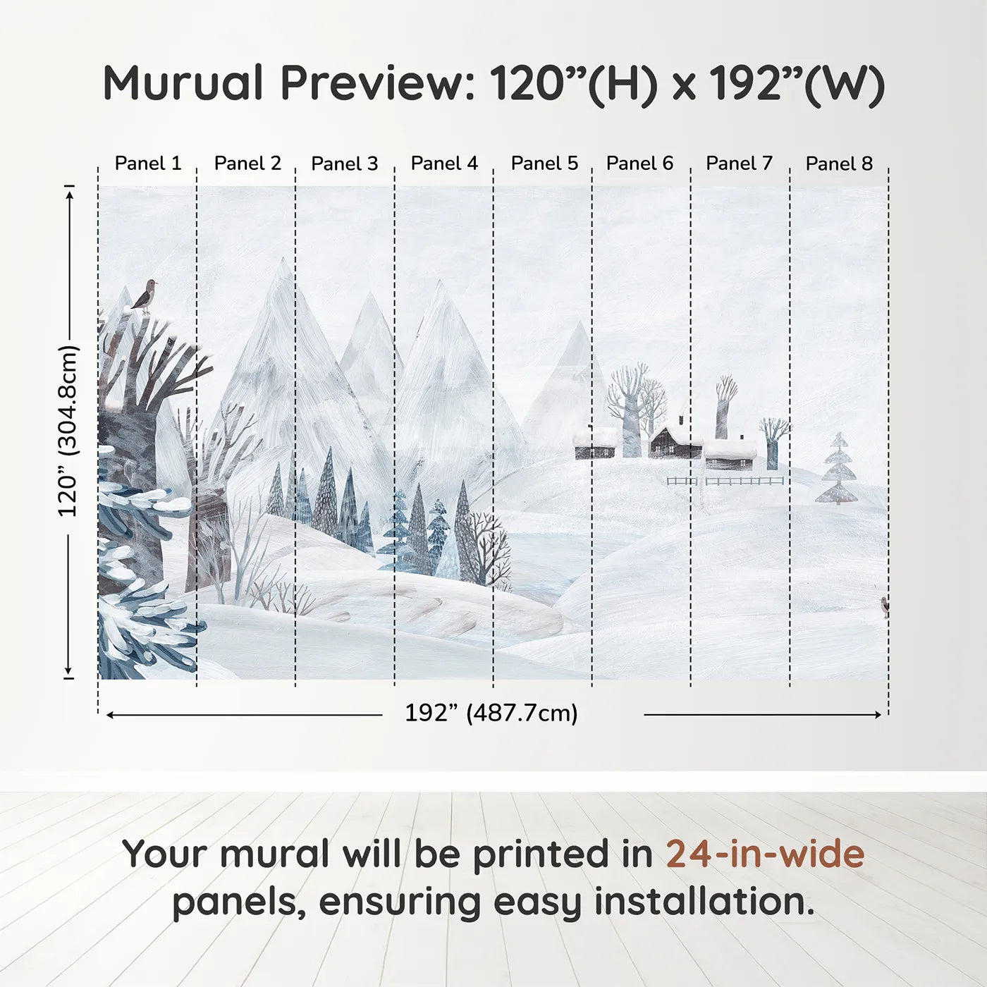 Whimsy Tots Painted Winter Village Wall Muraldimension view (120" H x 192" W). Printed in eight 24-inch-wide panels. Gender-Neutral