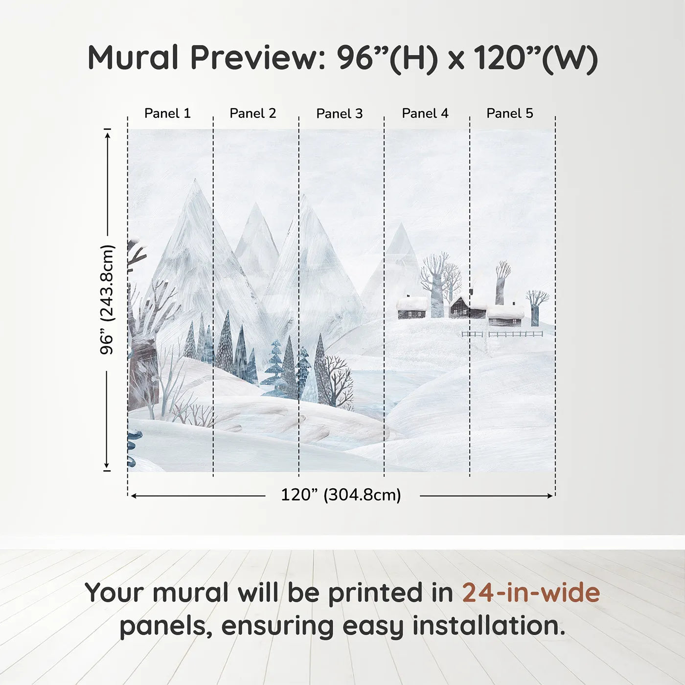 Whimsy Tots Painted Winter Village Wall Muraldimension view (96" H x 120" W). Printed in five 24-inch-wide panels. Gender-Neutral