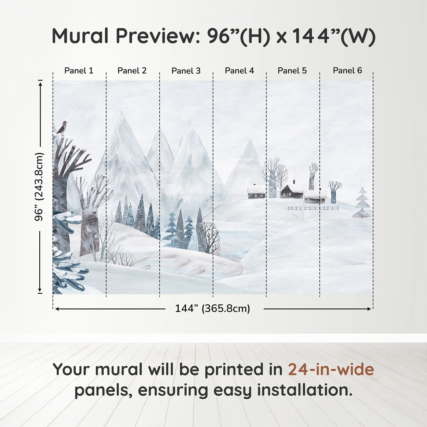 Whimsy Tots Painted Winter Village Wall Muraldimension view (96" H x 144" W). Printed in six 24-inch-wide panels. Gender-Neutral