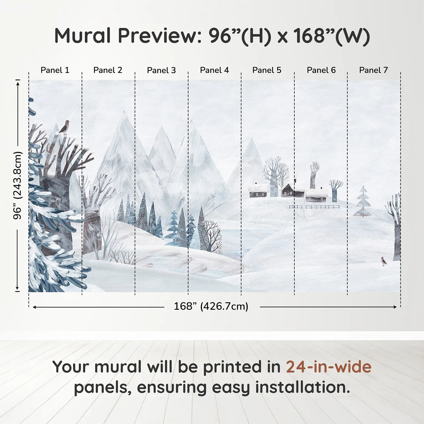 Whimsy Tots Painted Winter Village Wall Muraldimension view (96" H x 168" W). Printed in seven 24-inch-wide panels. Gender-Neutral