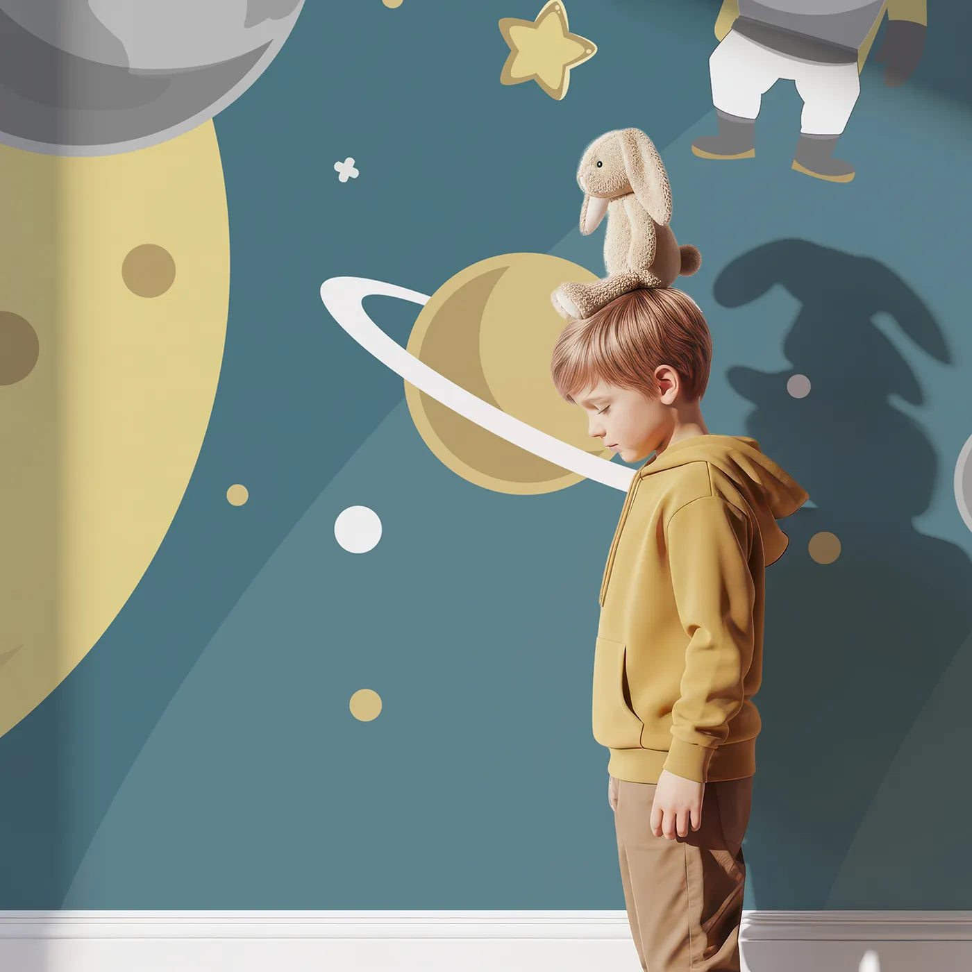 Child in front of Whimsy Tots Cosmic Explorer Wall Mural with space, astronaut, planet, rocket, moon, cartoon, yellow, gray in design.