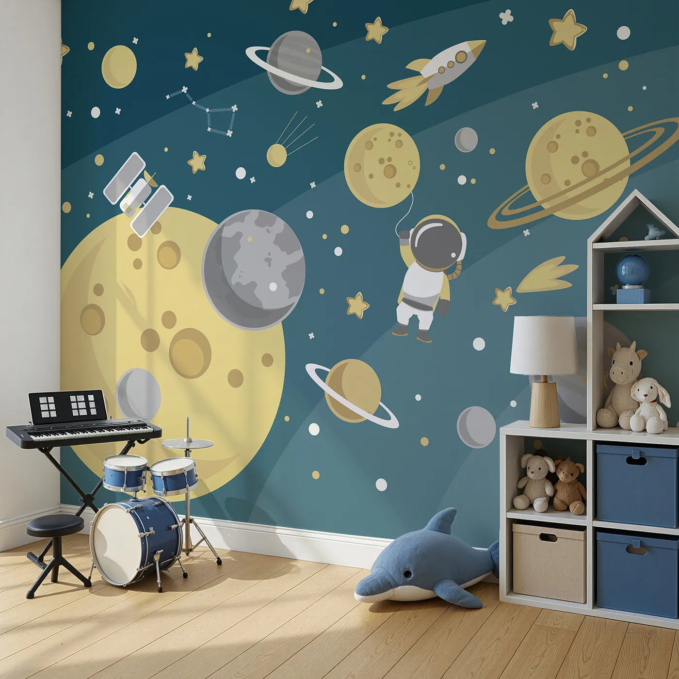 Angled view of Whimsy Tots' Cosmic Explorer Wall Mural (Turn Their Room into a Golden Galaxy of Fun).Gender-Neutral
