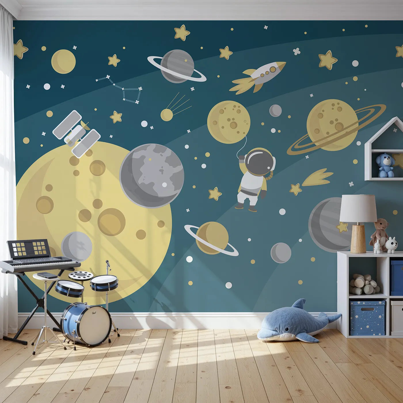 Front view of Whimsy Tots' Cosmic Explorer Wall Mural