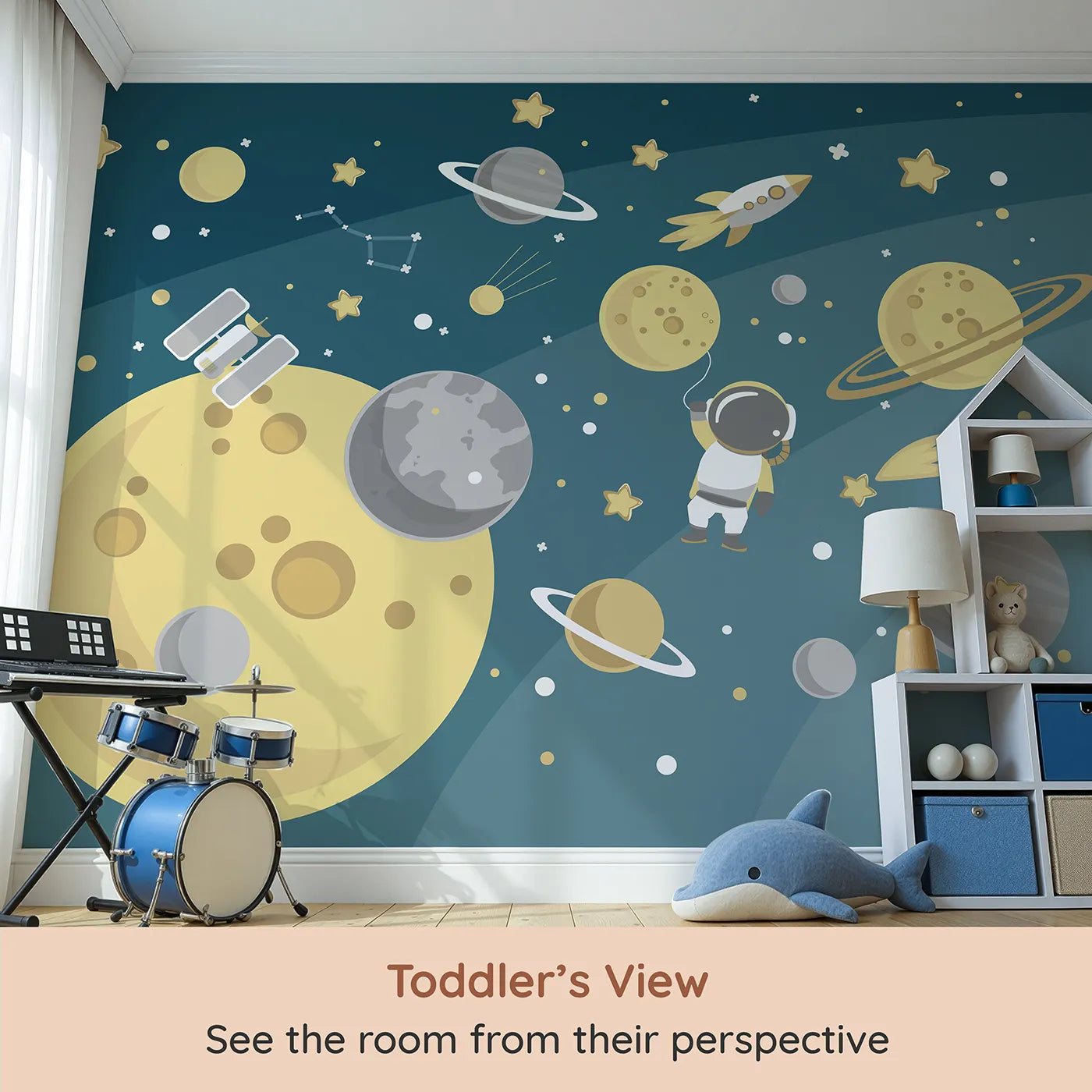 Whimsy Tots Cosmic Explorer Wall Mural (Turn Their Room into a Golden Galaxy of Fun) from your child's view.Gender-Neutral