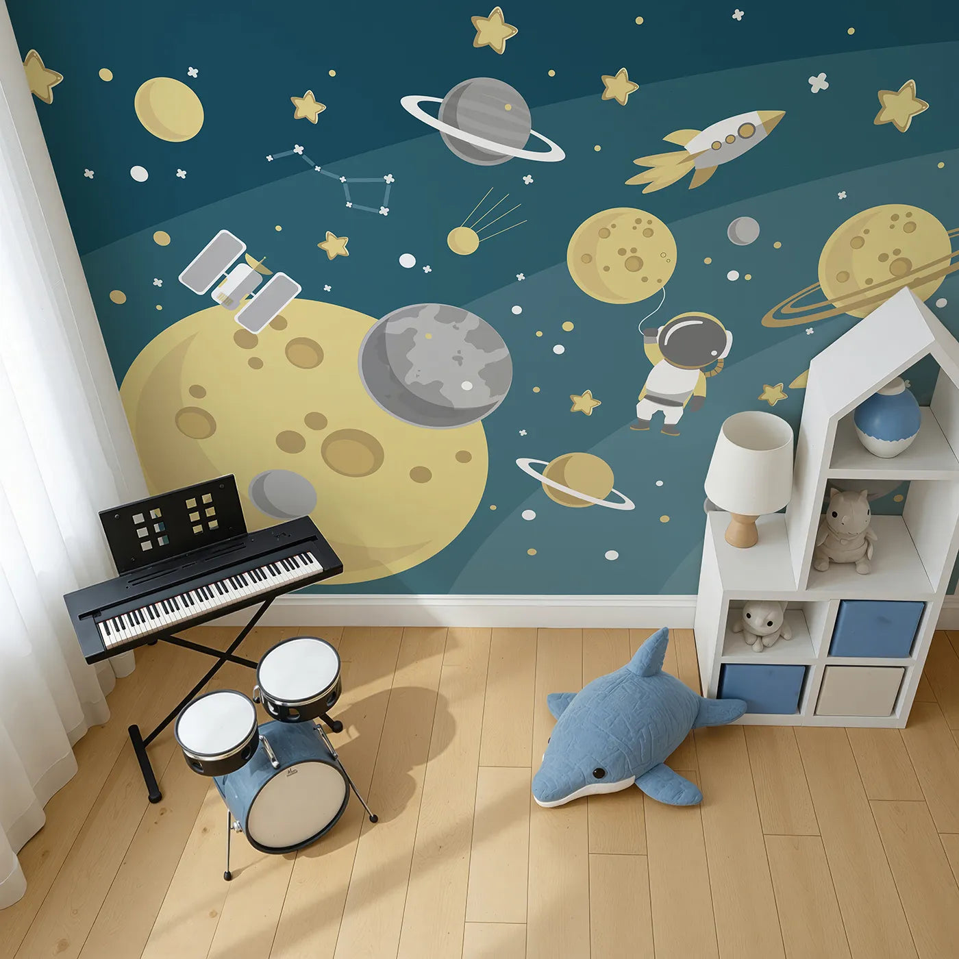 Top-down view of Whimsy Tots' Cosmic Explorer Wall Mural (Turn Their Room into a Golden Galaxy of Fun).Gender-Neutral