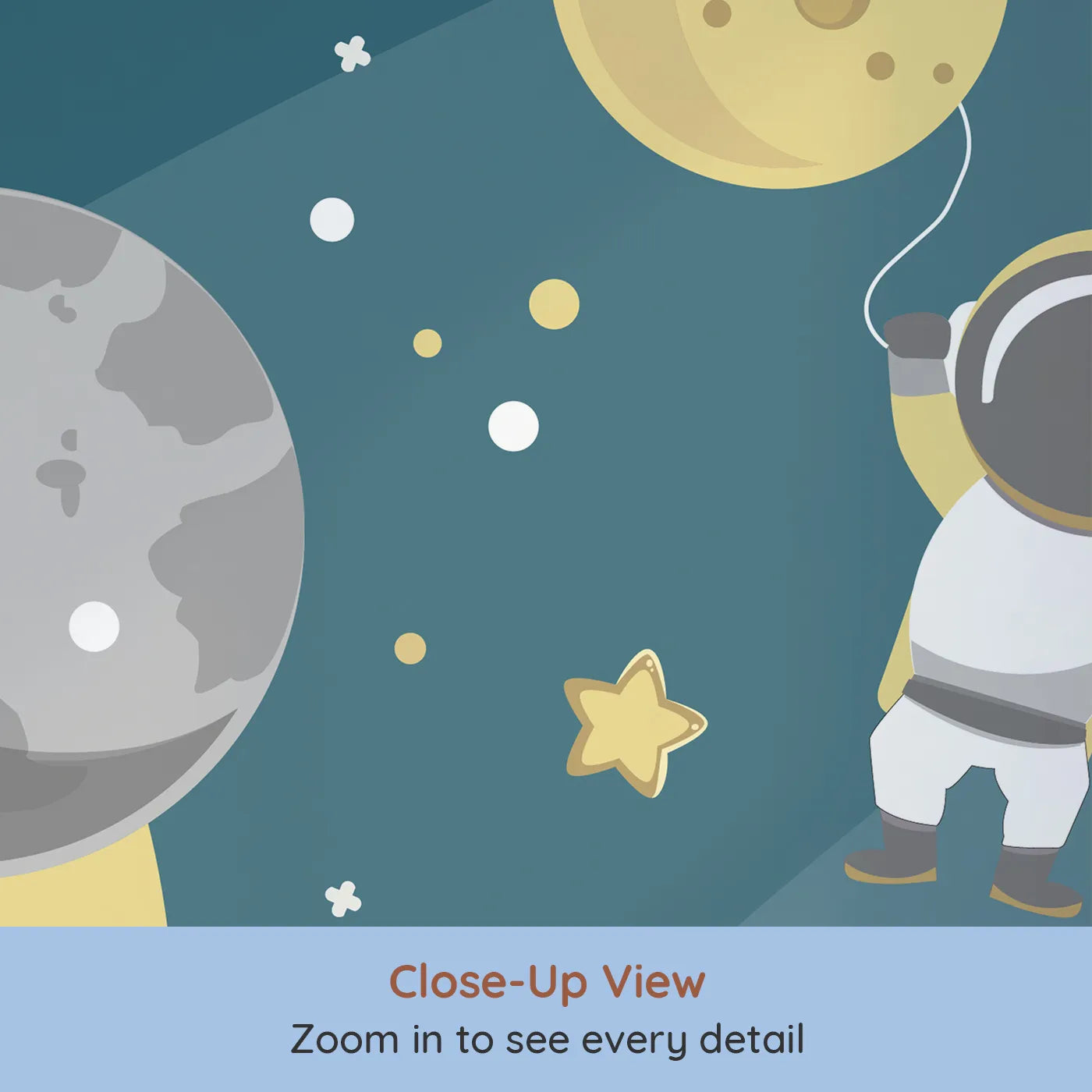 Close-up view of Whimsy Tots' Cosmic Explorer Wall Mural (Turn Their Room into a Golden Galaxy of Fun).Gender-Neutral