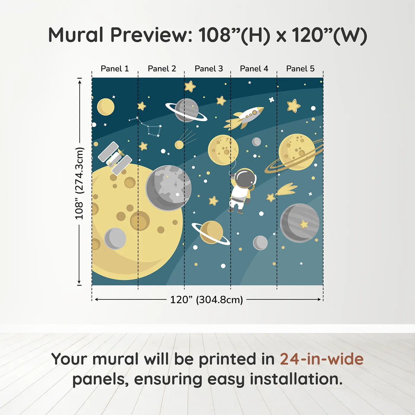 Whimsy Tots Cosmic Explorer Wall Muraldimension view (108" H x 120" W). Printed in five 24-inch-wide panels. Gender-Neutral