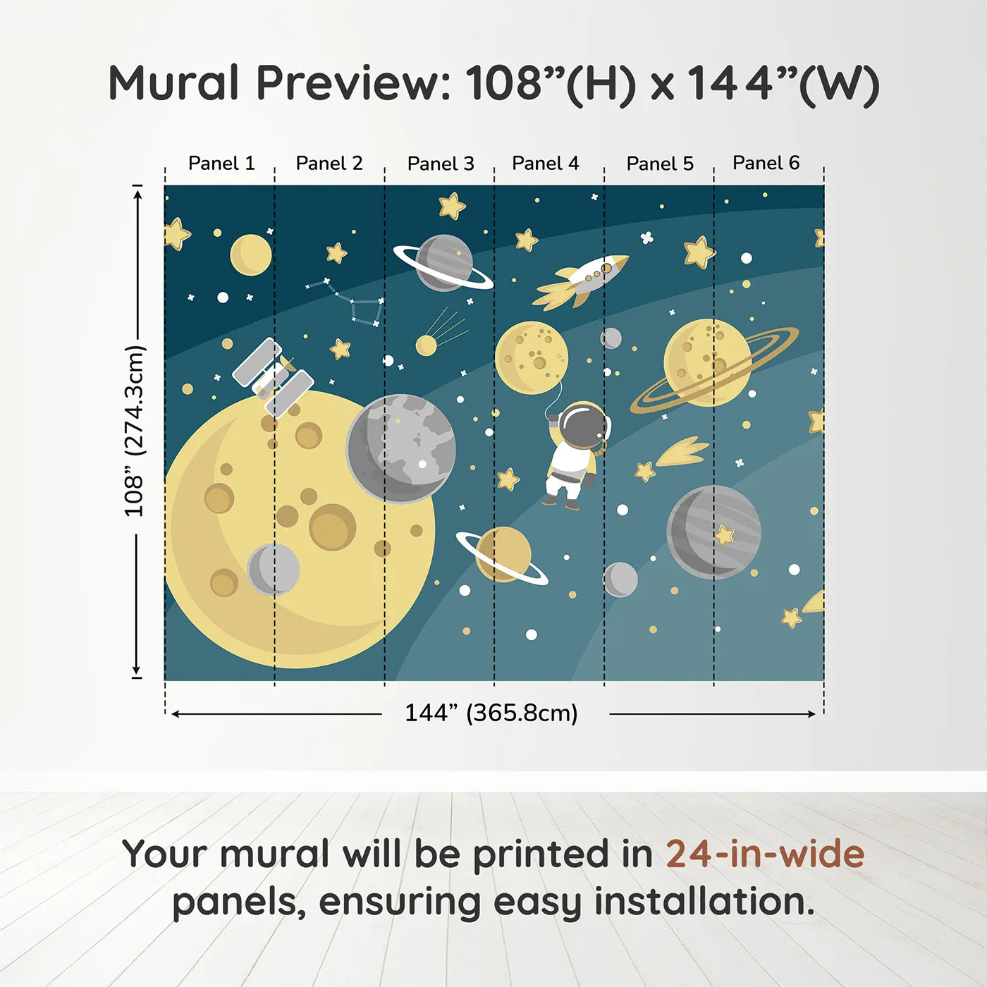 Whimsy Tots Cosmic Explorer Wall Muraldimension view (108" H x 144" W). Printed in six 24-inch-wide panels. Gender-Neutral